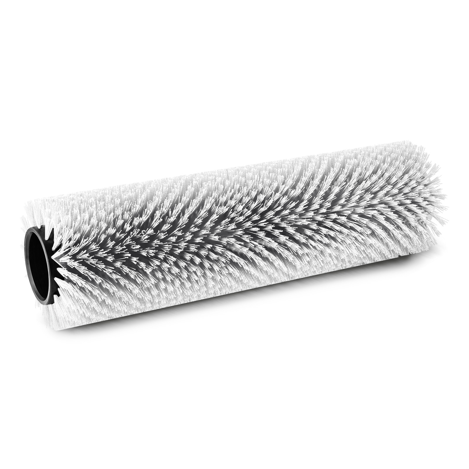 White cylindrical brush roller with dense bristles, featuring a black central core.