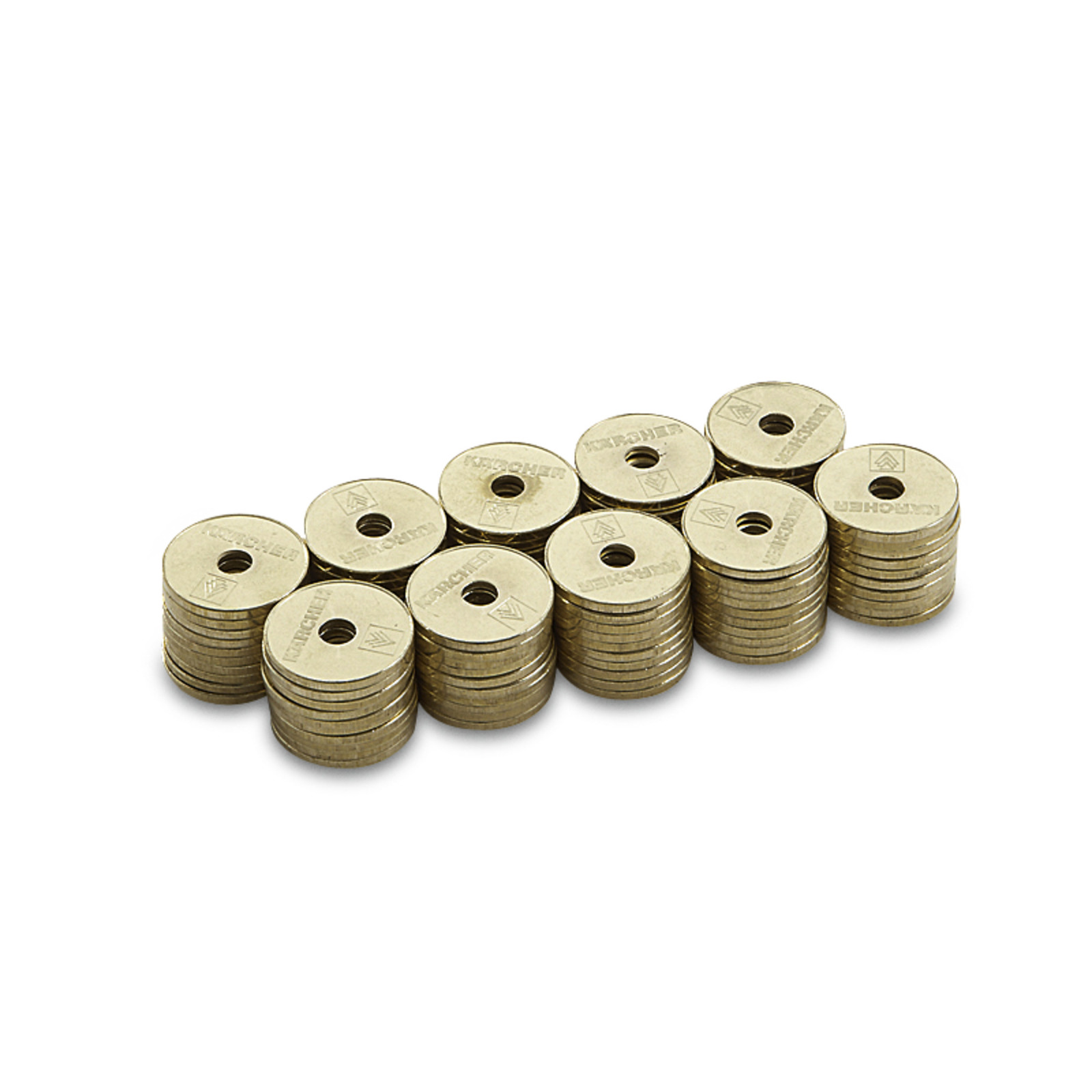 Stacks of round, gold tokens with holes in the centre, each engraved with "Kärcher" and a logo. Stacks of round, gold tokens with holes in the centre, each engraved with "Kärcher" and a logo.