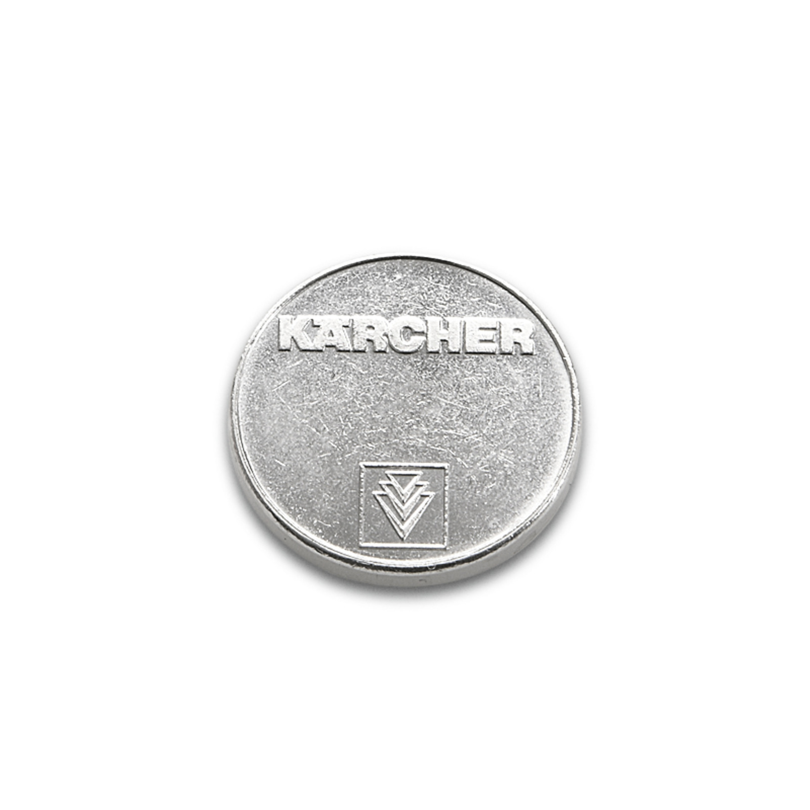 Silver round token with embossed Kärcher logo and symbol on a white background. Silver round token with embossed Kärcher logo and symbol on a white background.