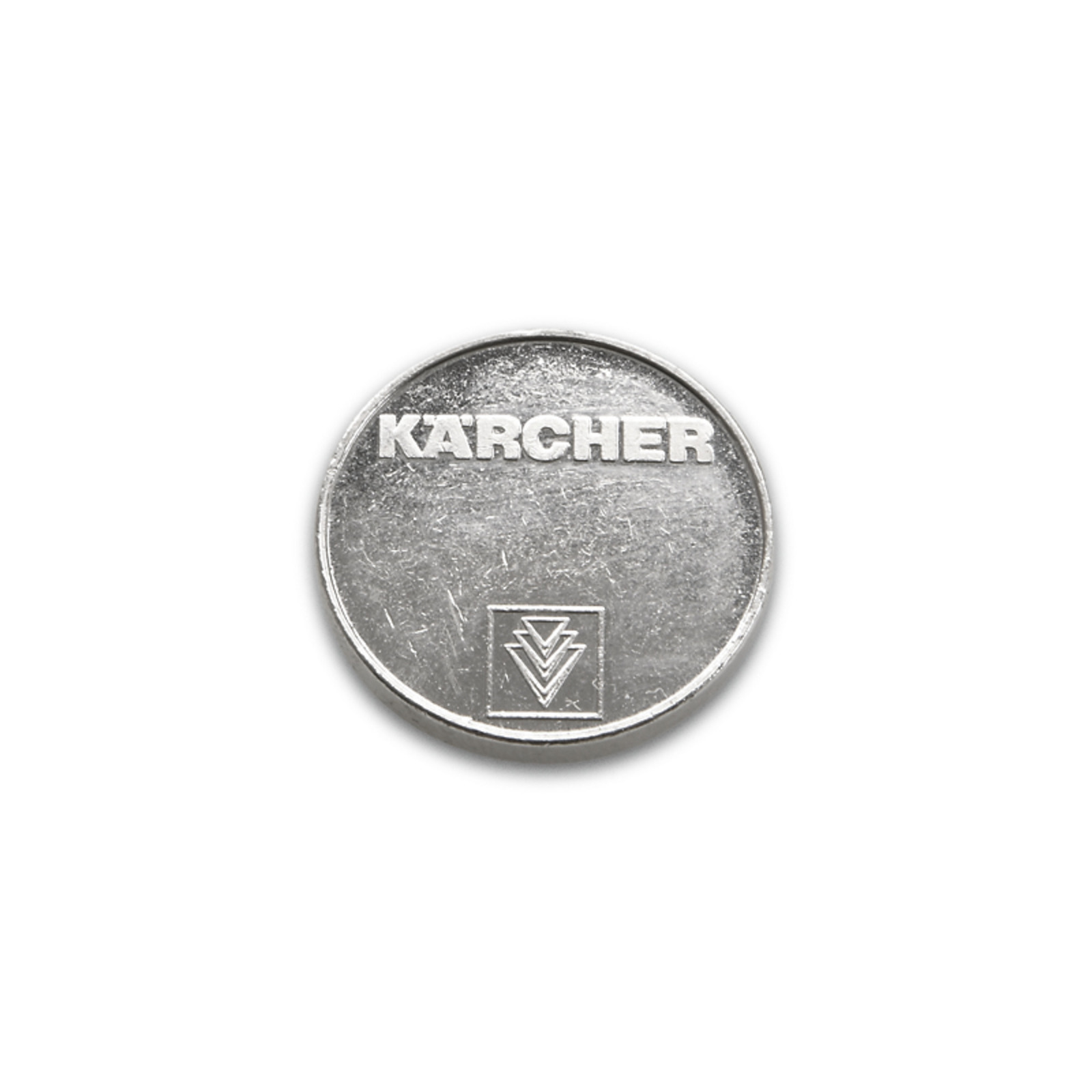 Silver coin with "Kärcher" text and logo featuring stacked arrows inside a square.