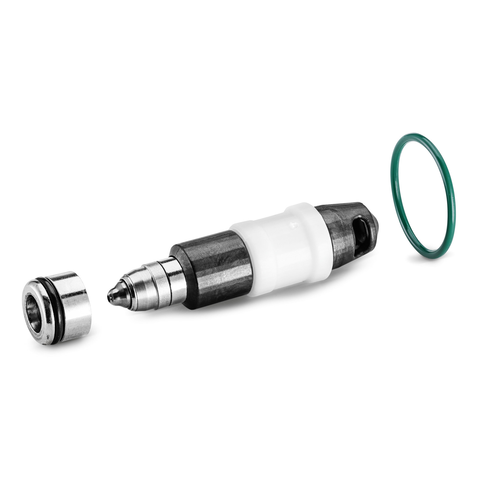Kärcher nozzle kit with metal nozzle, white plastic casing, metal ring, and green O-ring on a white background.