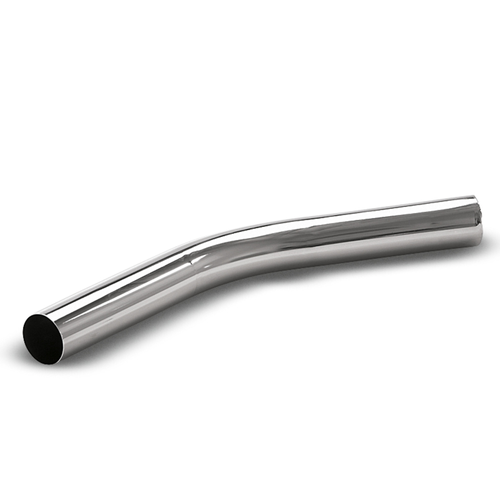 Shiny, curved stainless steel pipe on a white background.