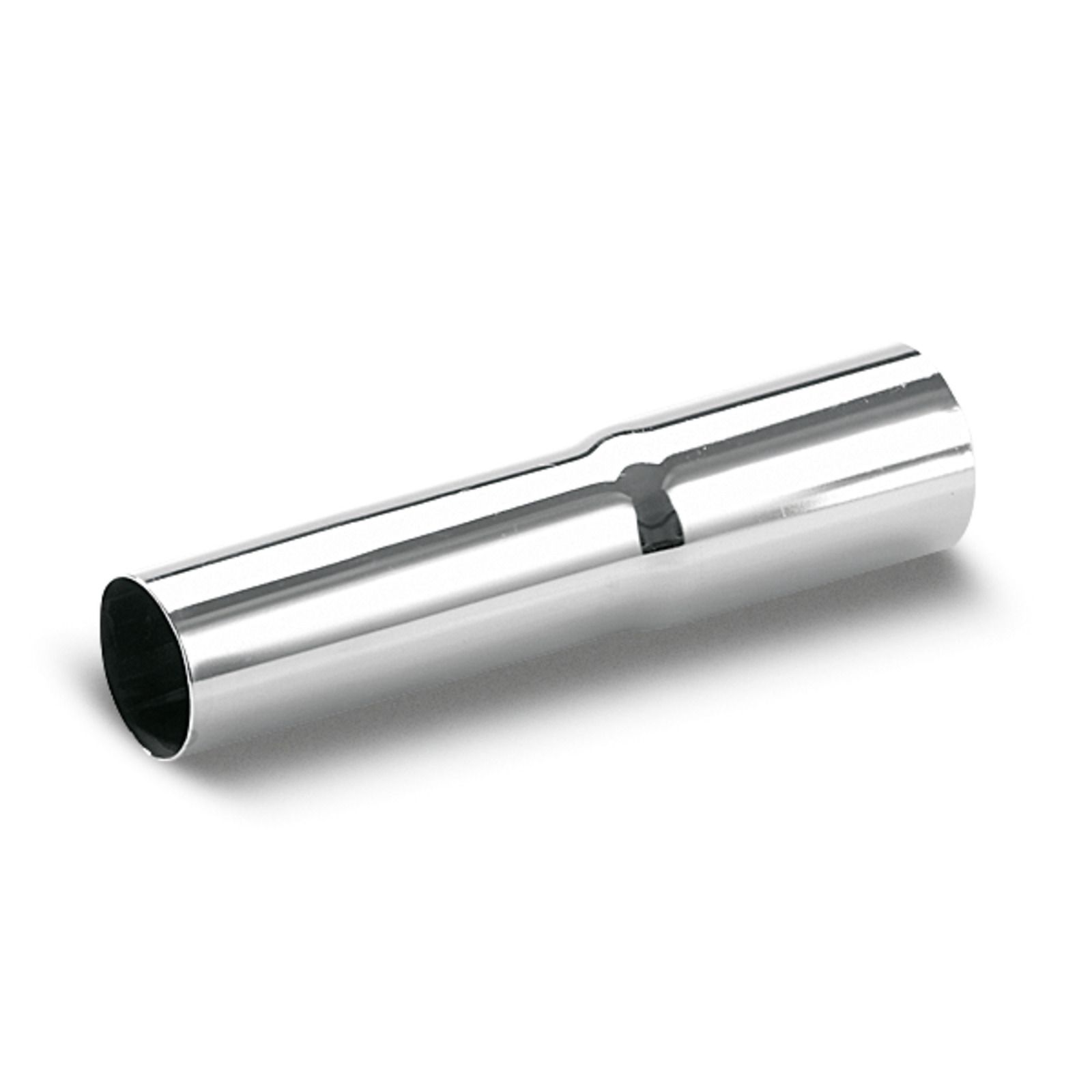 Silver metal tube connector with a smooth, reflective surface, lying horizontally on a white background. Silver metal tube connector with a smooth, reflective surface, lying horizontally on a white background.