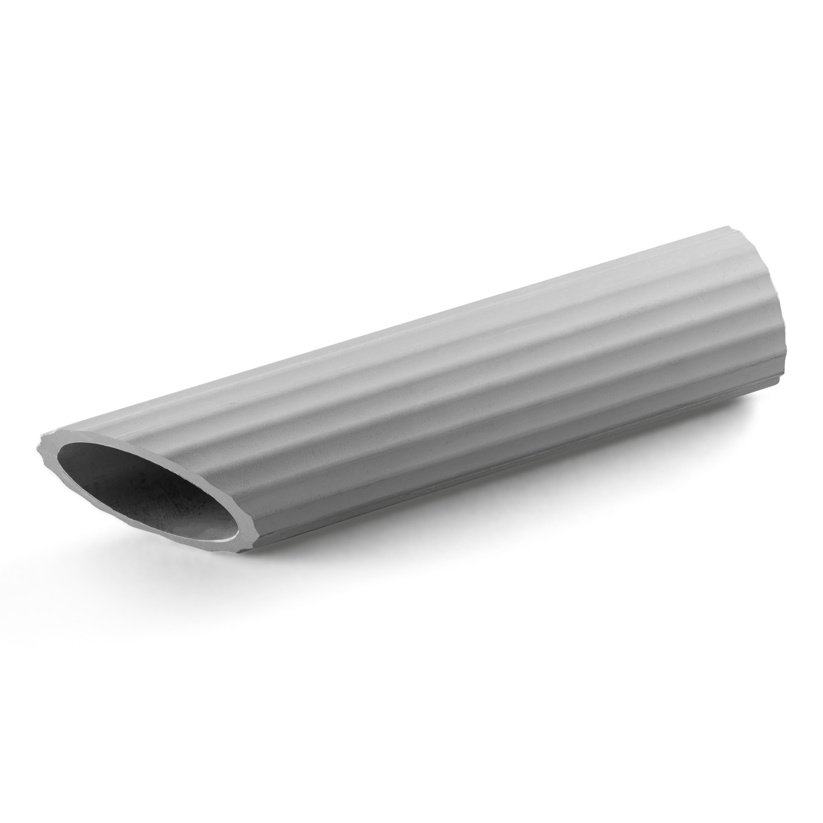 Grey corrugated pipe section, cylindrical and hollow, placed on a white background.