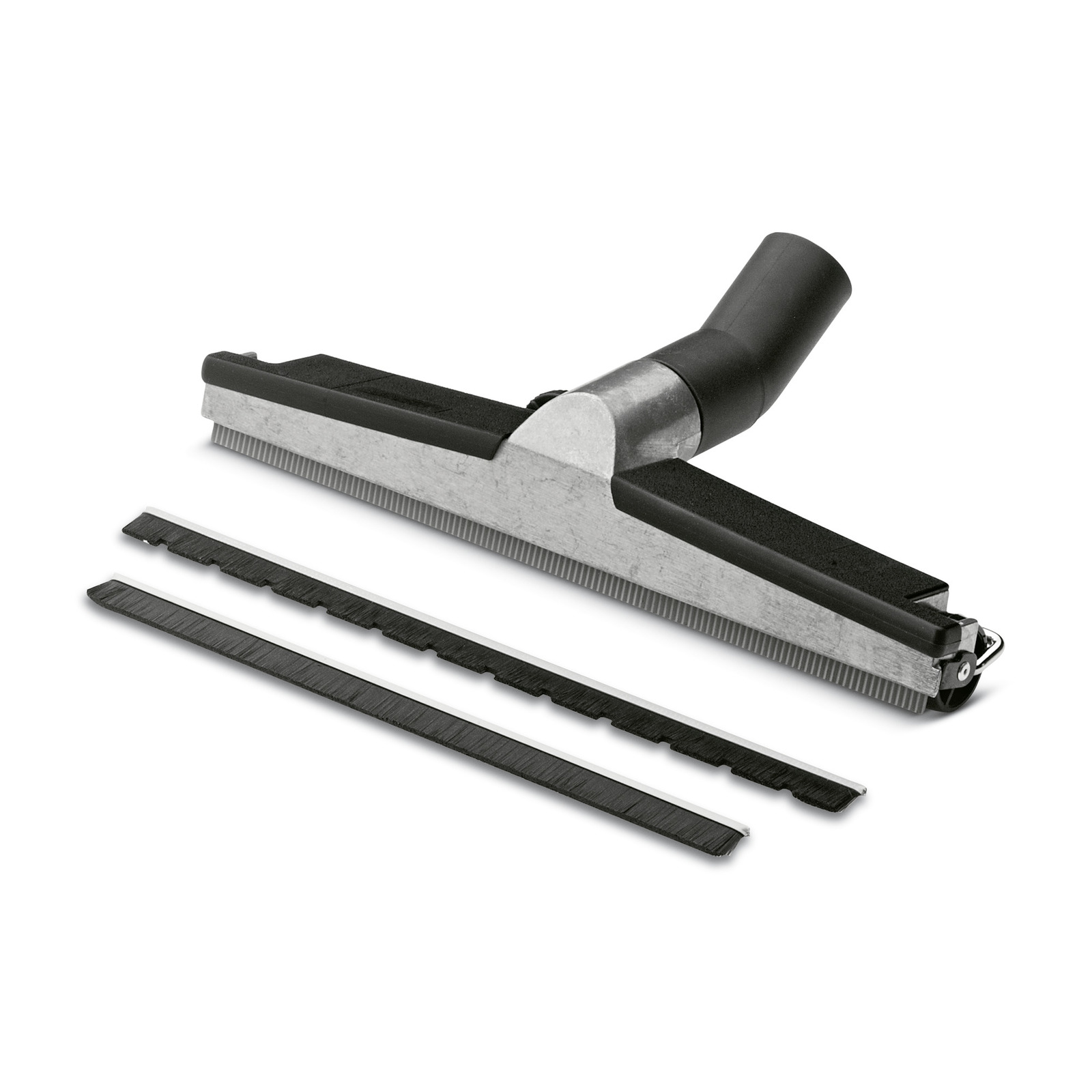 Kärcher floor nozzle with two interchangeable brush strips on a white background. Kärcher floor nozzle with two interchangeable brush strips on a white background.