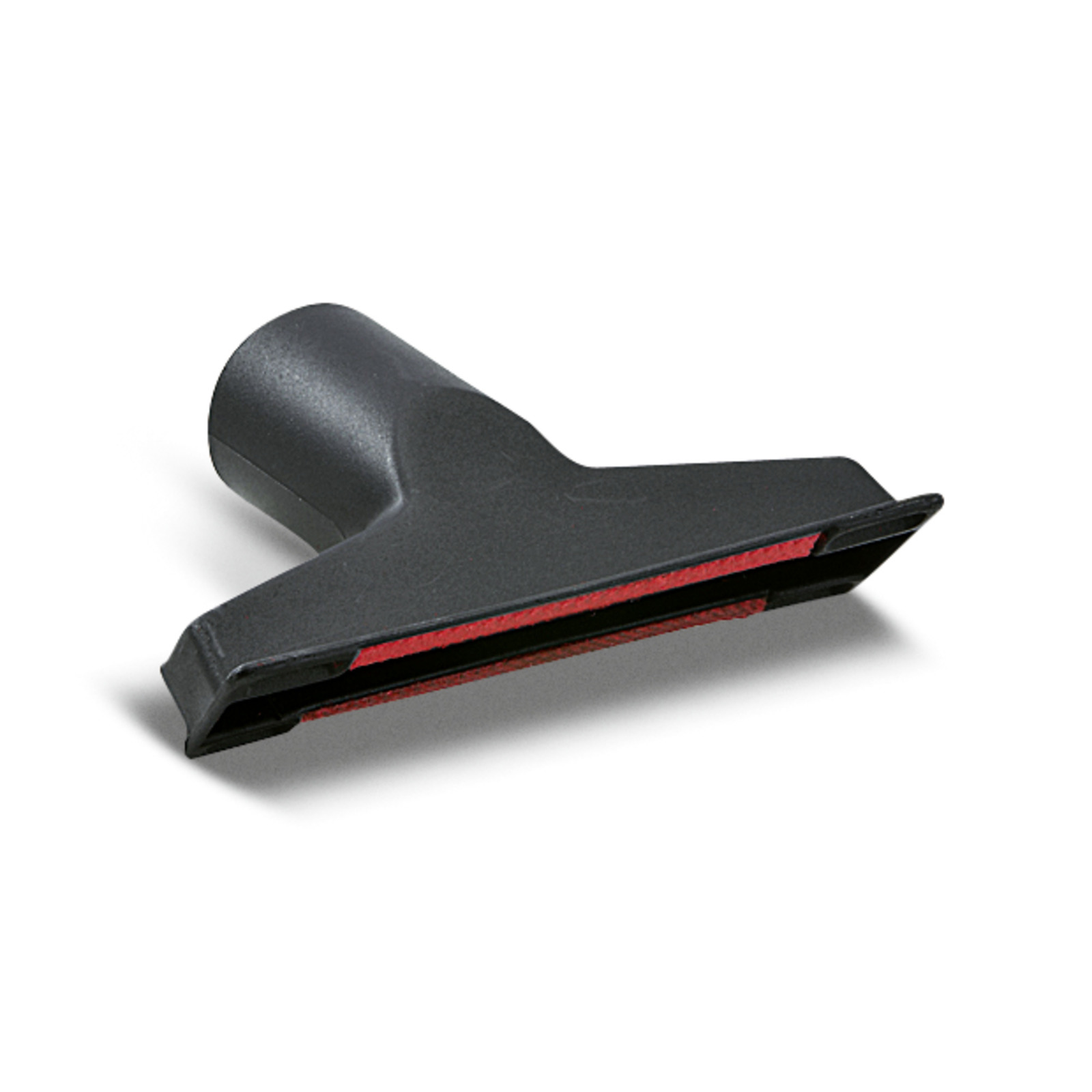 Black Kärcher upholstery nozzle with a red fabric strip, designed for vacuum cleaners, shown on a white background. Black Kärcher upholstery nozzle with a red fabric strip, designed for vacuum cleaners, shown on a white background.