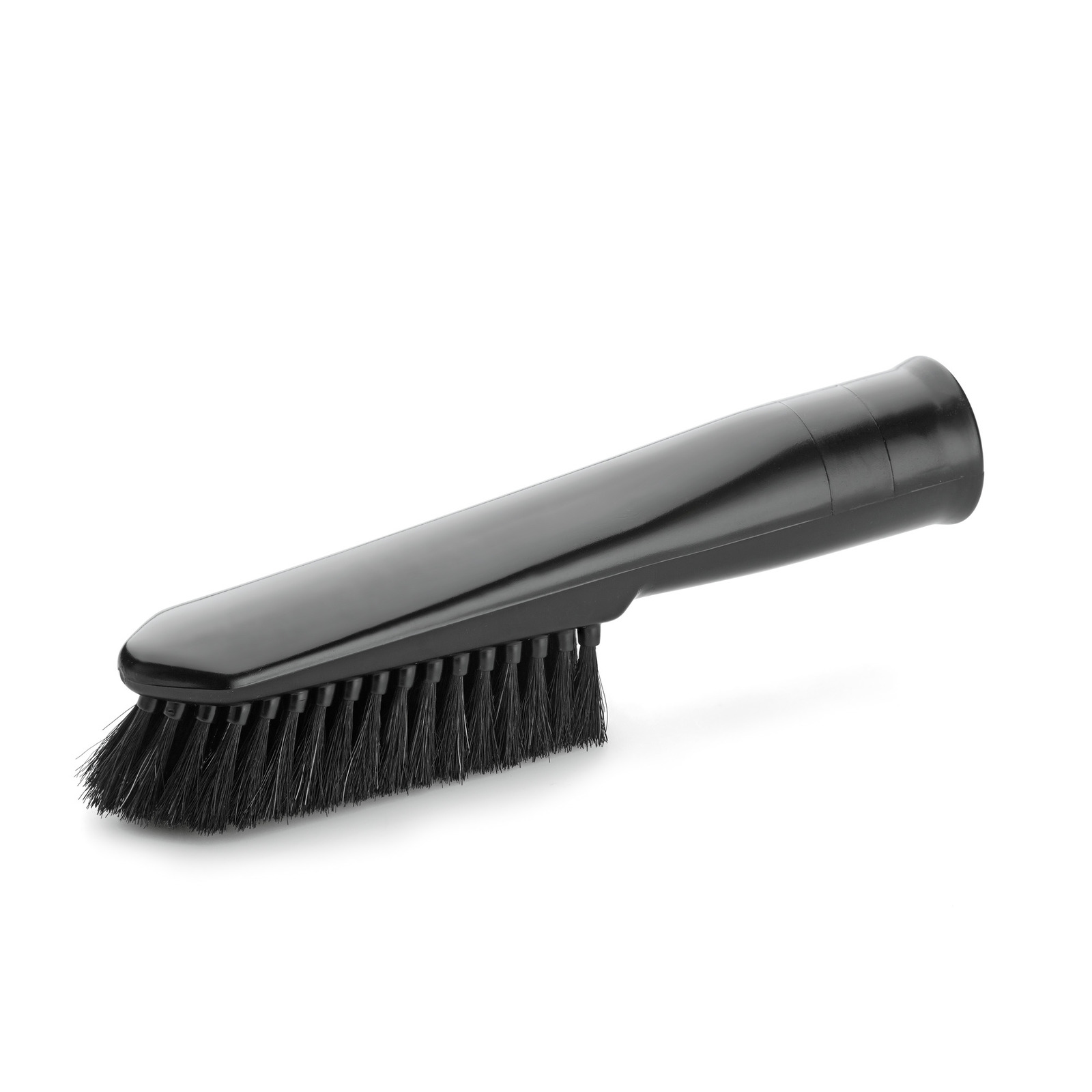 Black brush attachment with bristles, designed for cleaning purposes, isolated on a white background.