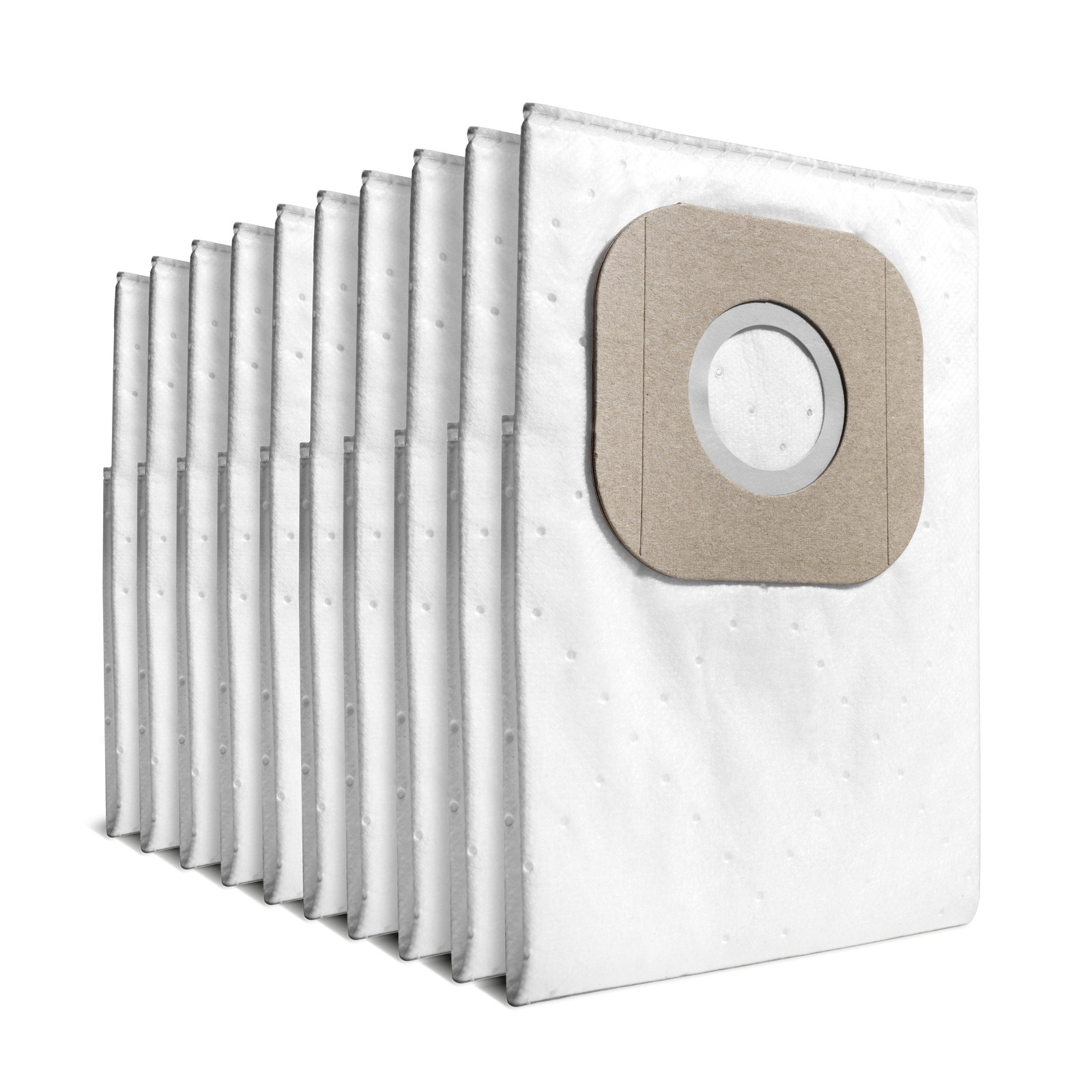 Ten white vacuum cleaner bags with brown cardboard collars, arranged in a row.