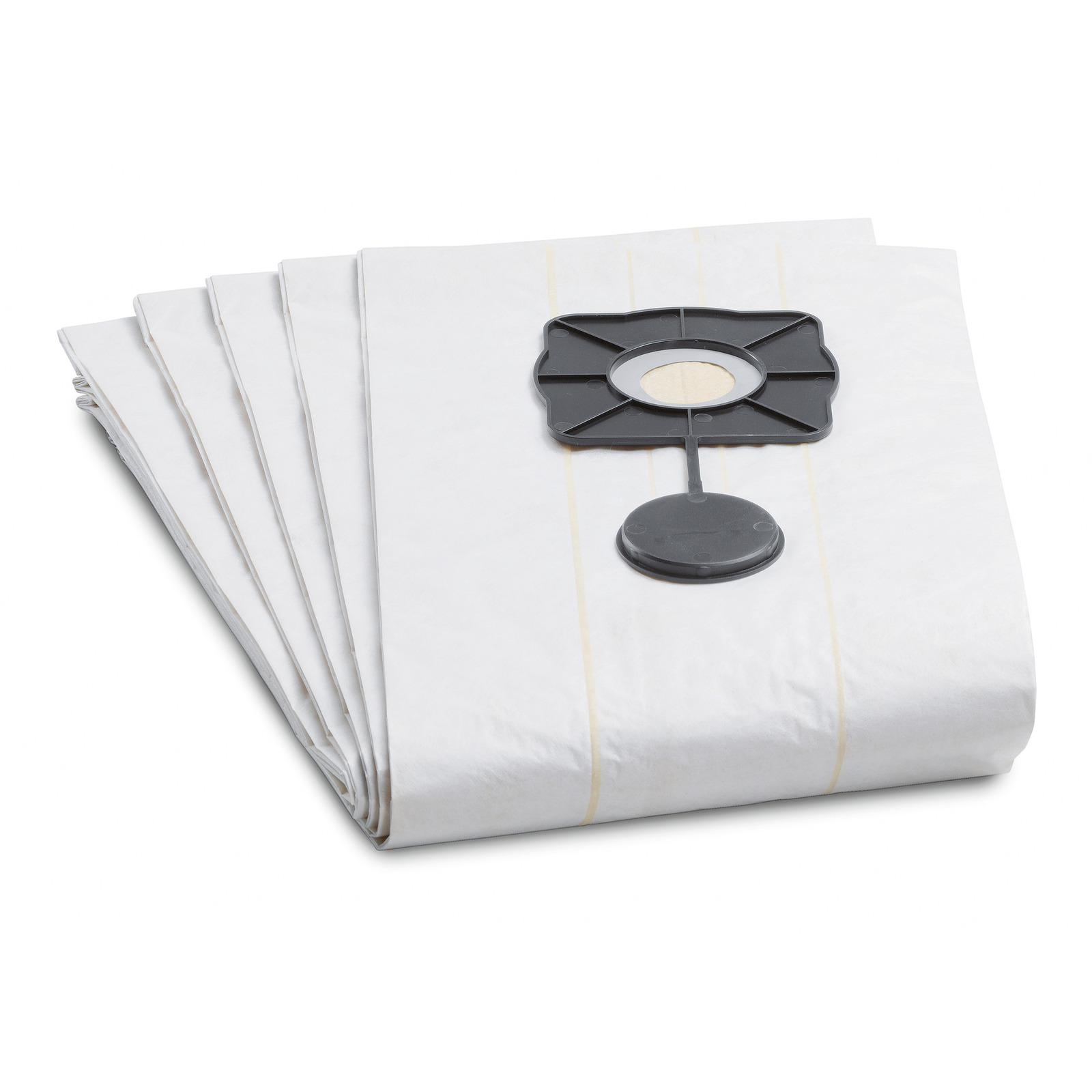 Five folded Kärcher vacuum cleaner bags with a black plastic attachment on top.