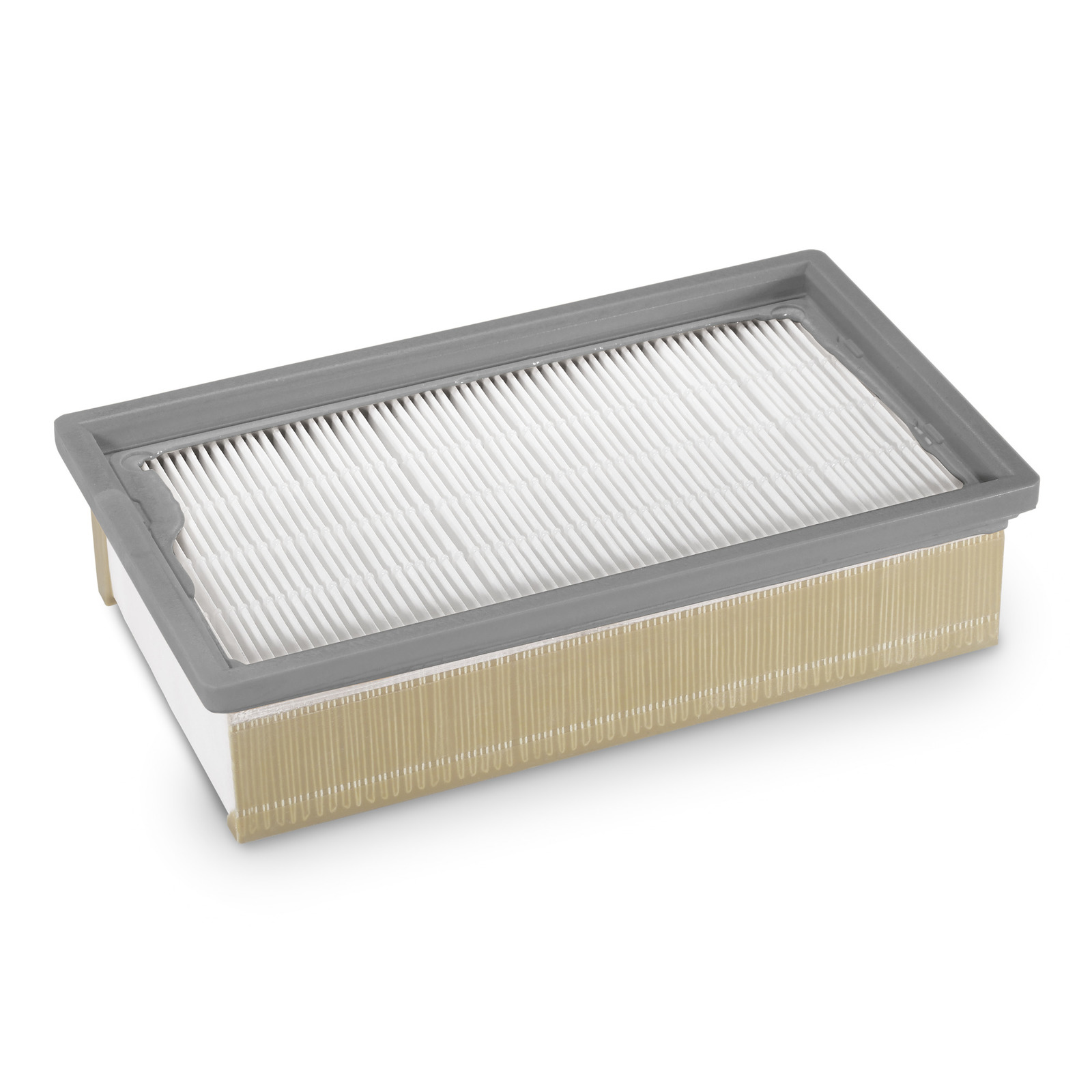 Rectangular air filter with grey frame and pleated white paper element, viewed from an angle. Rectangular air filter with grey frame and pleated white paper element, viewed from an angle.