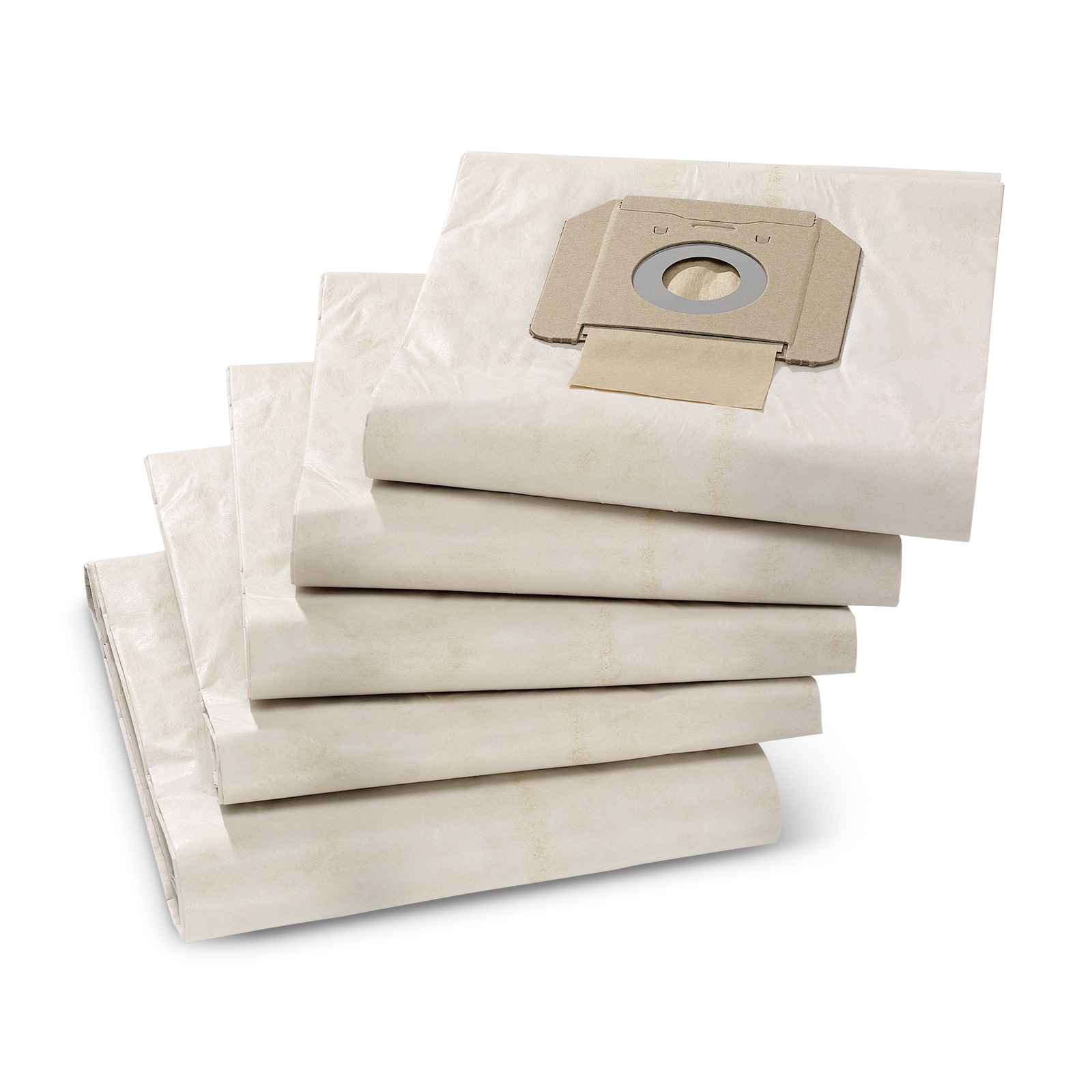 Stack of five beige vacuum cleaner bags with cardboard fittings, arranged in a neat pile.