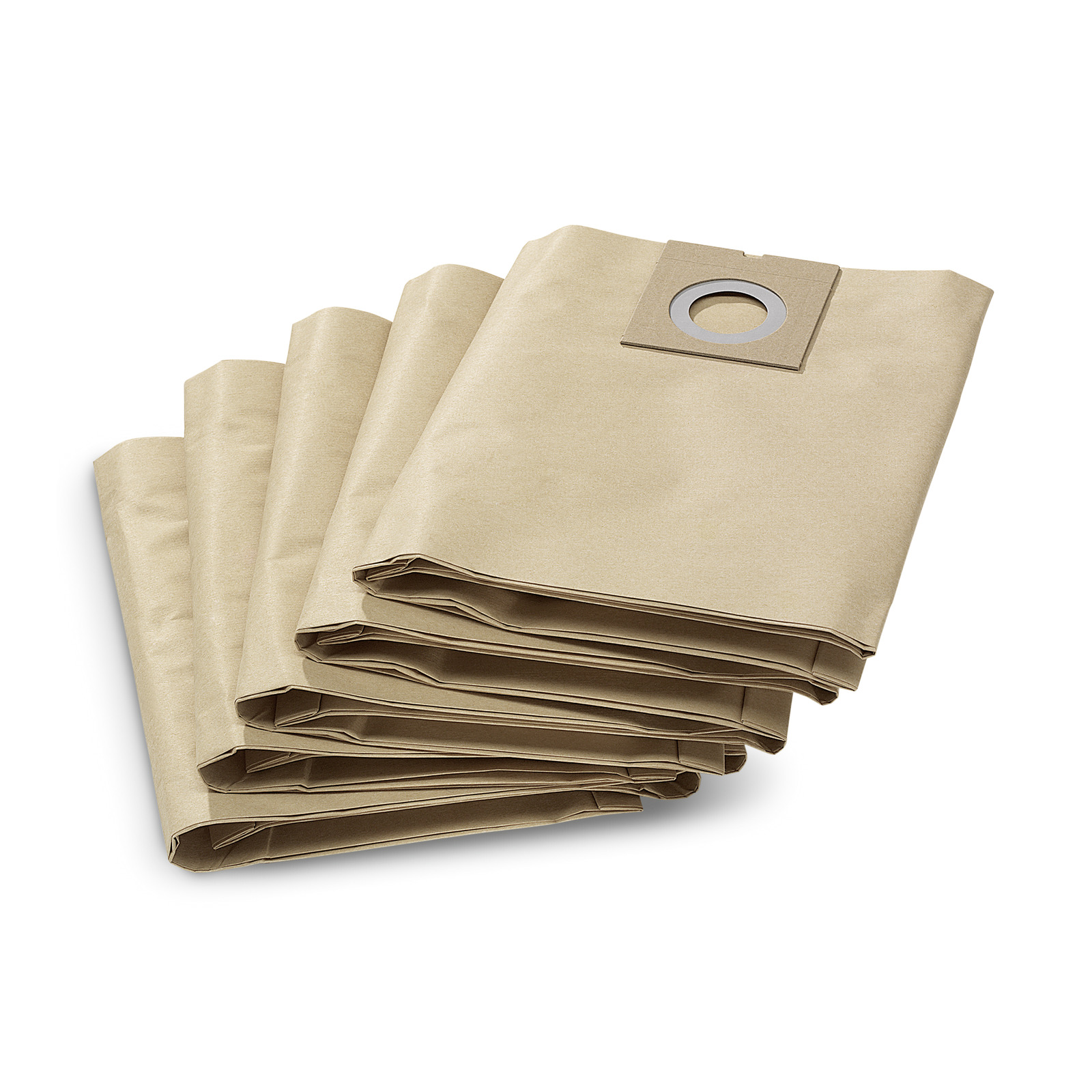 Five folded brown vacuum cleaner bags with circular openings on a white background. Five folded brown vacuum cleaner bags with circular openings on a white background.