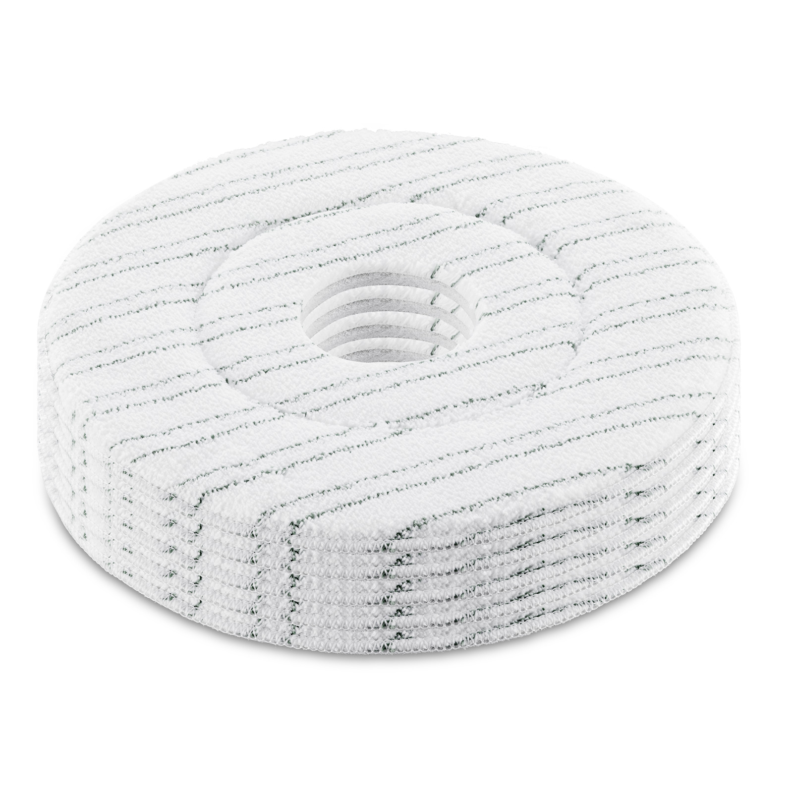 Stack of round white cleaning pads with green striped stitching and a central hole, on a plain white background. Stack of round white cleaning pads with green striped stitching and a central hole, on a plain white background.