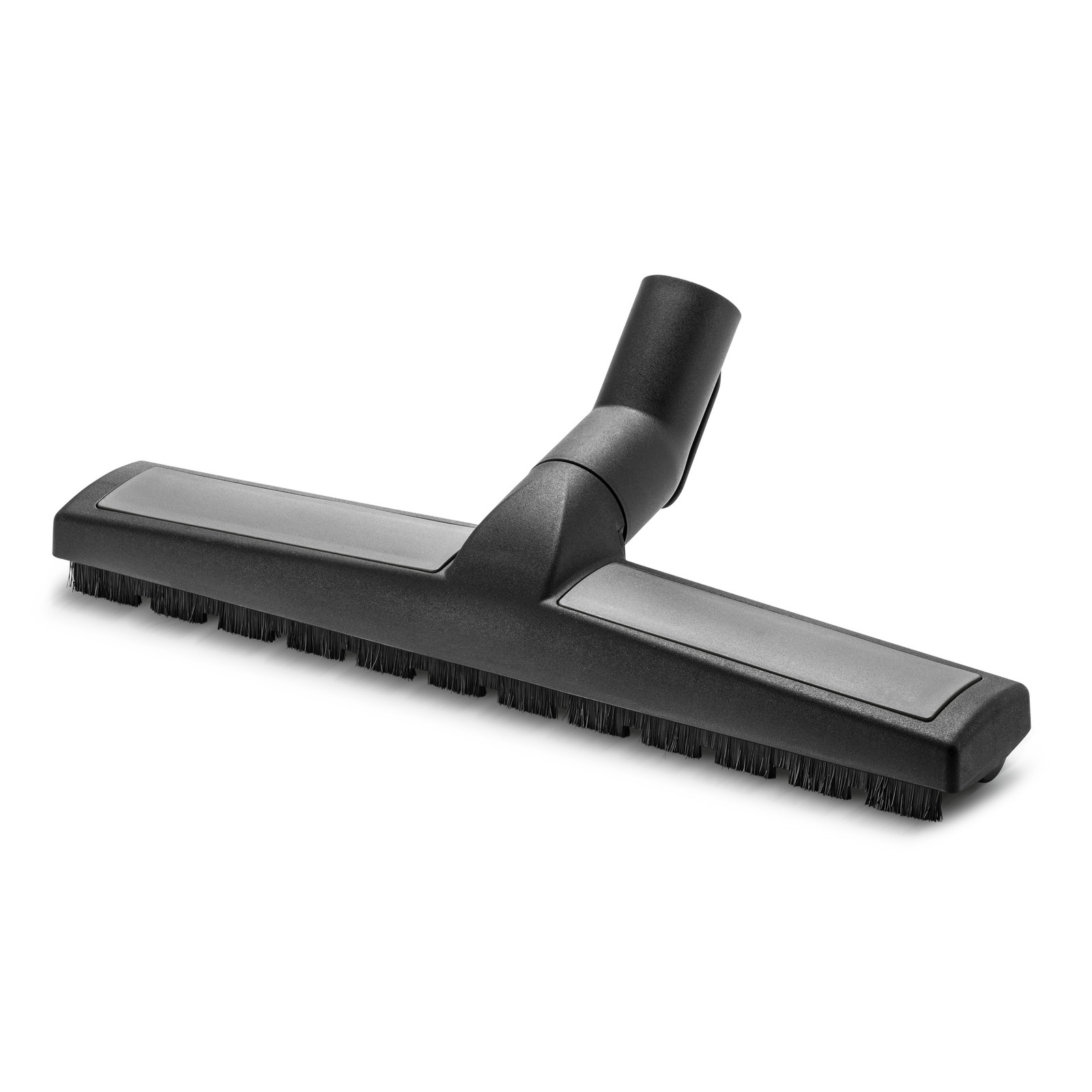 Black Kärcher vacuum cleaner floor nozzle with bristles, angled view on white background. Black Kärcher vacuum cleaner floor nozzle with bristles, angled view on white background.