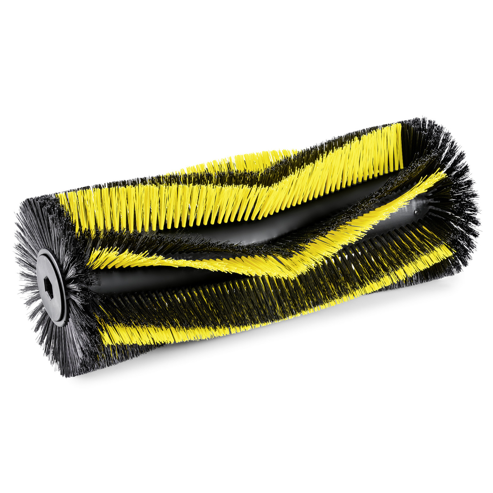 Yellow and black cylindrical brush with bristles, designed for cleaning equipment. Yellow and black cylindrical brush with bristles, designed for cleaning equipment.