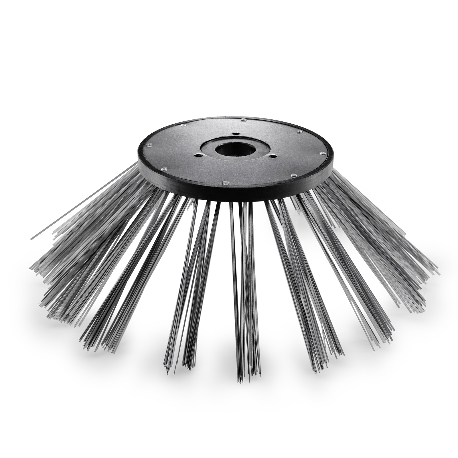 Kärcher sweeping brush with a black circular hub and numerous long, grey, stiff bristles fanning out radially, presented on a white background. Kärcher sweeping brush with a black circular hub and numerous long, grey, stiff bristles fanning out radially, presented on a white background.