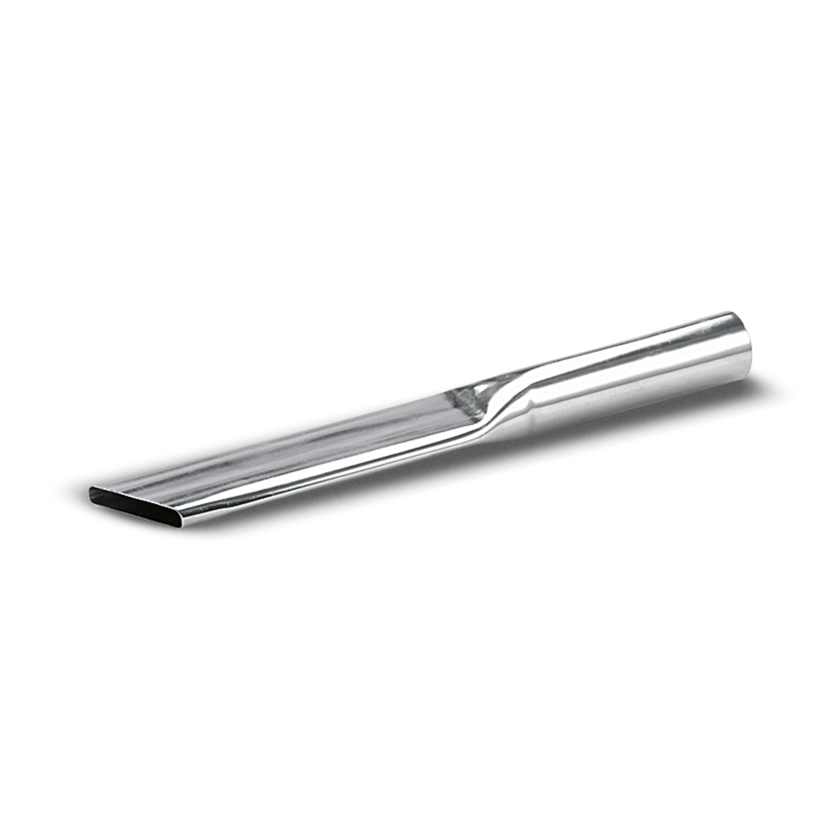 Silver metal pipe with a flat, rectangular opening, angled slightly, on a white background.