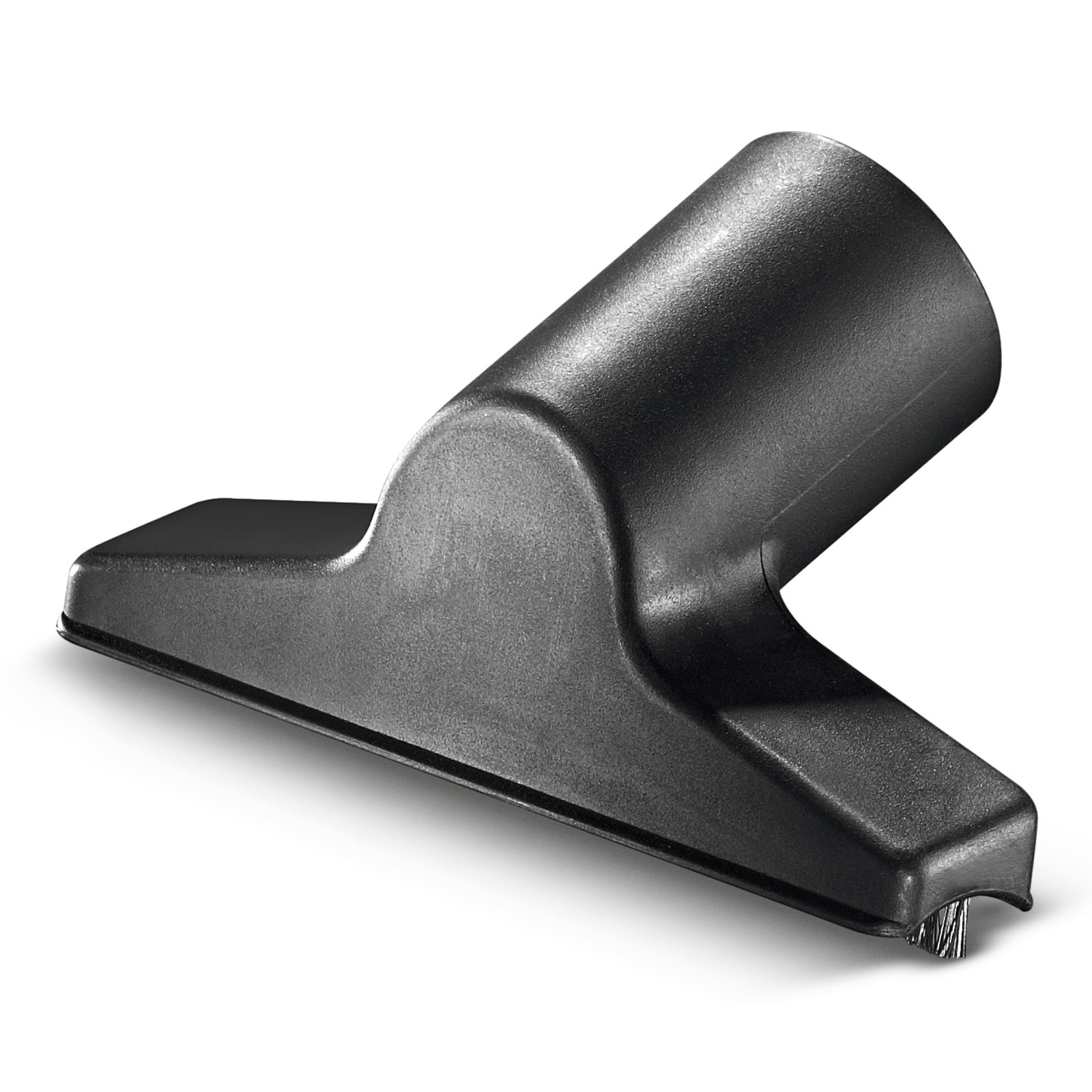 Schwarze Kärcher Polsterdüse mit breiter, flacher Öffnung und Borsten an der Unterseite. Schwarze Kärcher Polsterdüse mit breiter, flacher Öffnung und Borsten an der Unterseite.