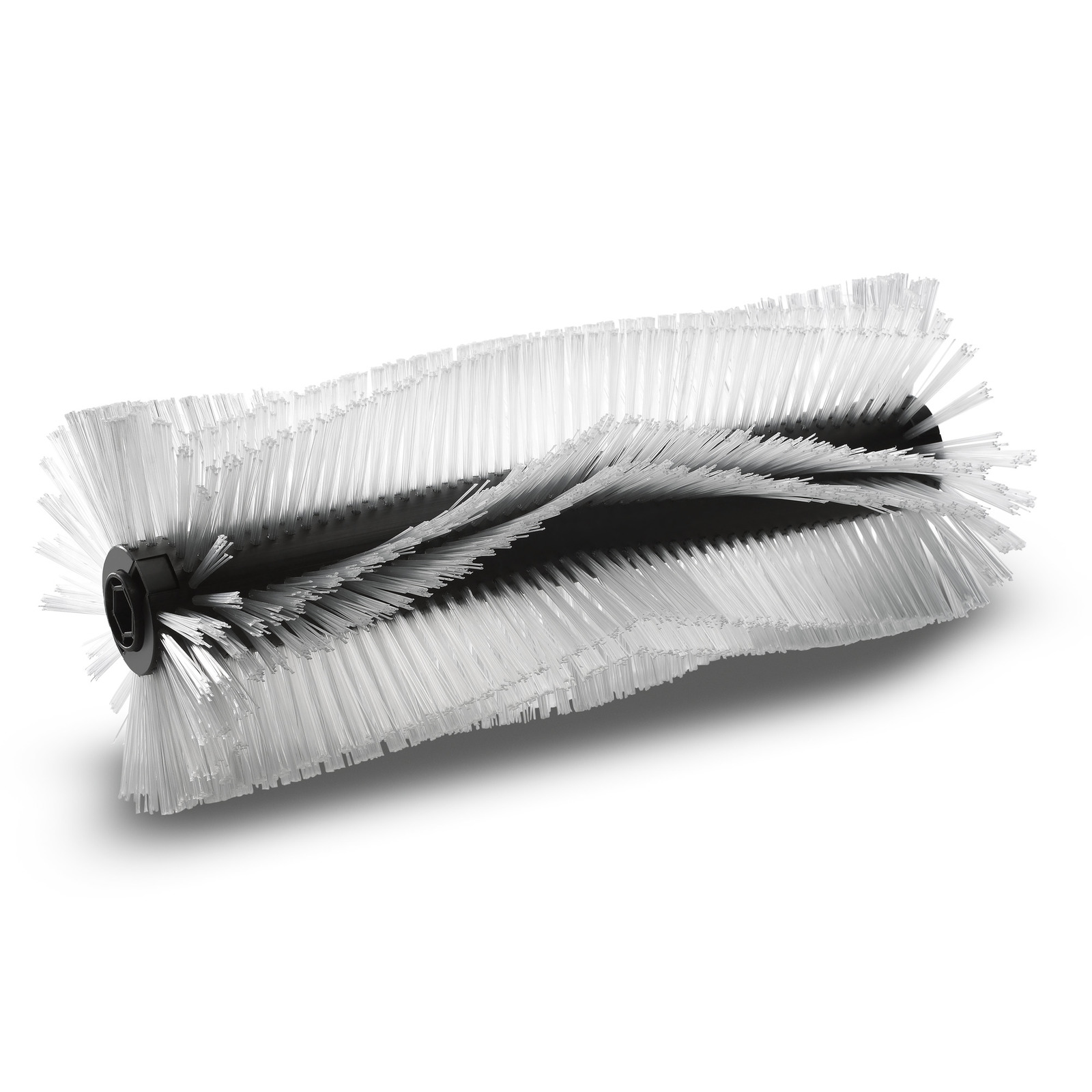 White cylindrical brush with dense bristles and a black core, viewed from a side angle on a white background. White cylindrical brush with dense bristles and a black core, viewed from a side angle on a white background.