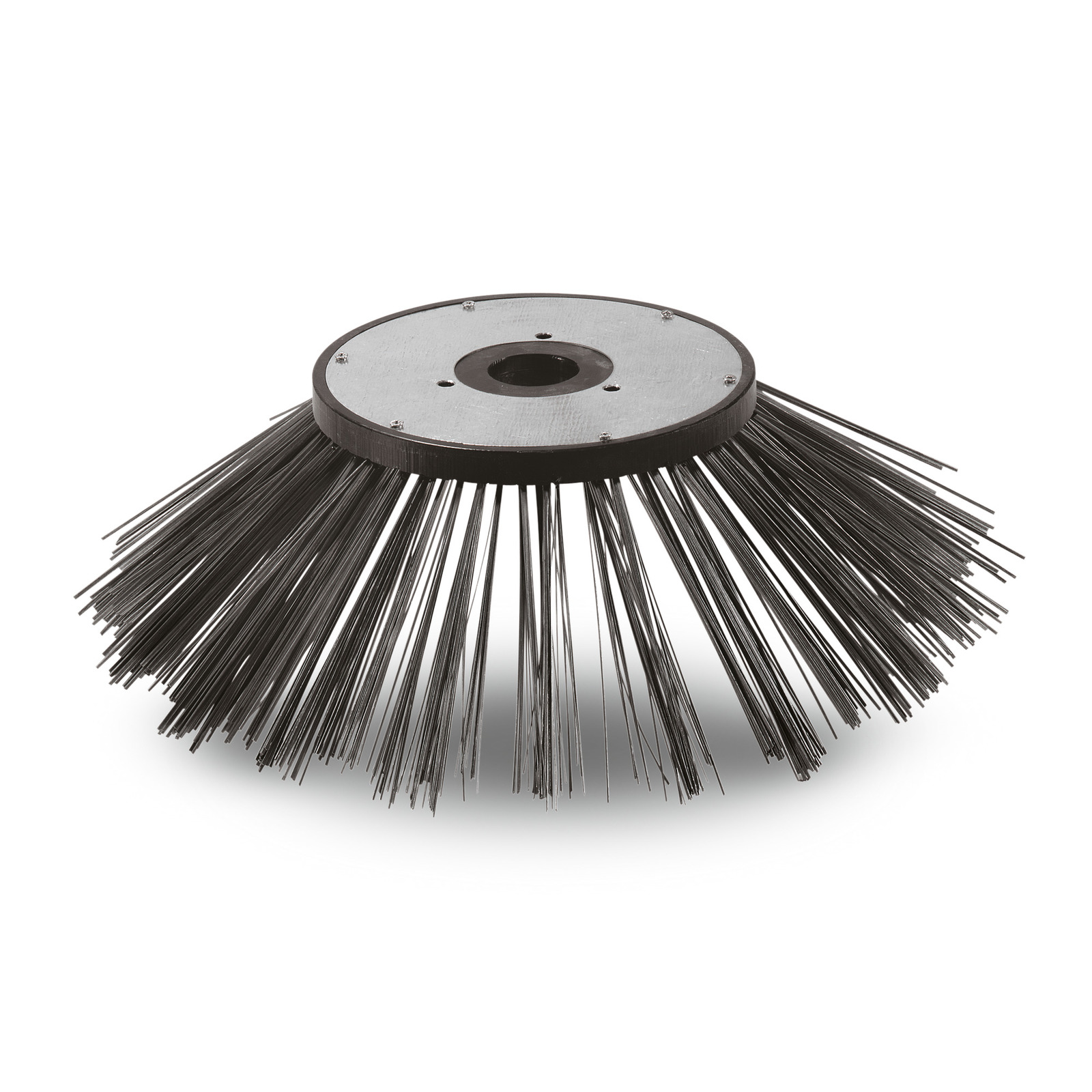 Circular brush head with dense, long bristles extending outward, designed for sweeping tasks.