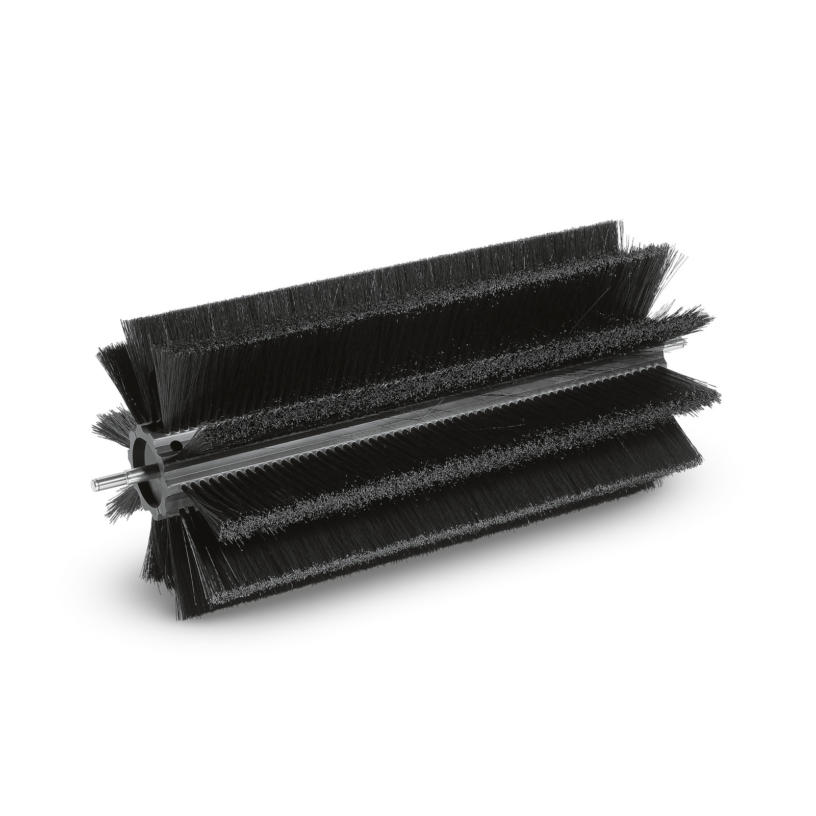 Black cylindrical brush with dense bristles and a metal rod through the centre, isolated on a white background. Black cylindrical brush with dense bristles and a metal rod through the centre, isolated on a white background.
