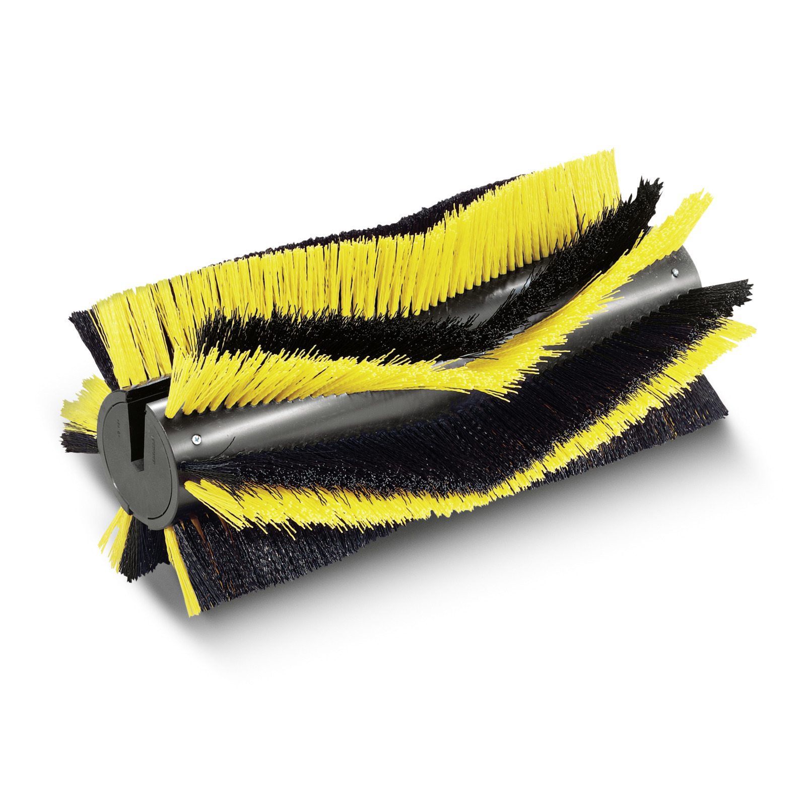 Yellow and black bristle roller brush with a cylindrical metal core, designed for cleaning purposes.