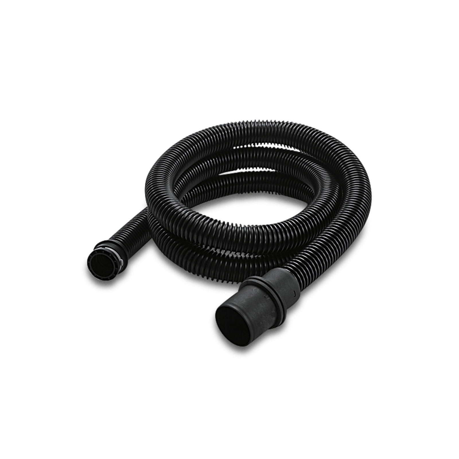 Coiled black Kärcher vacuum hose with ribbed texture and two connectors.