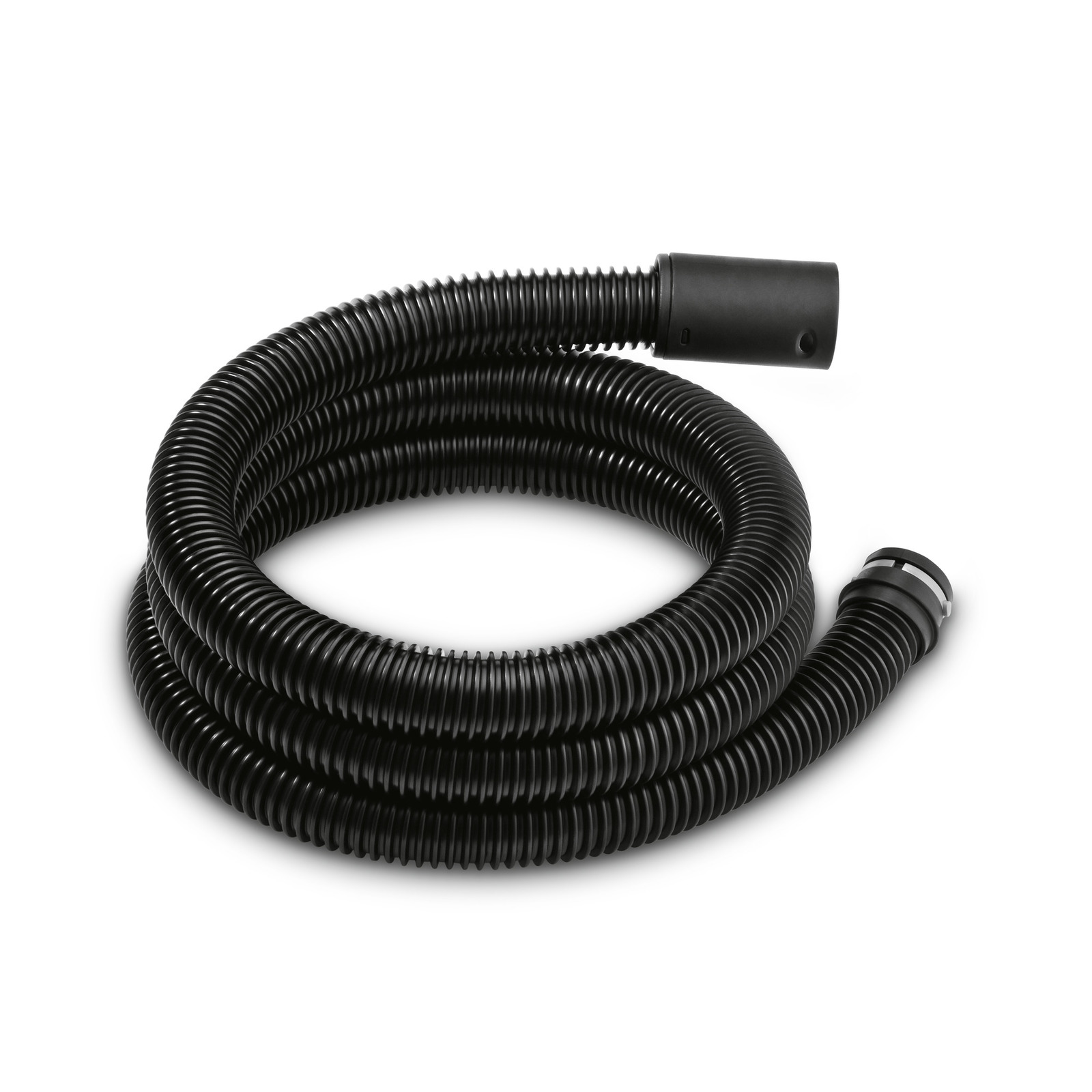 Black Kärcher vacuum hose coiled on a white background, featuring ribbed texture and connectors at both ends.