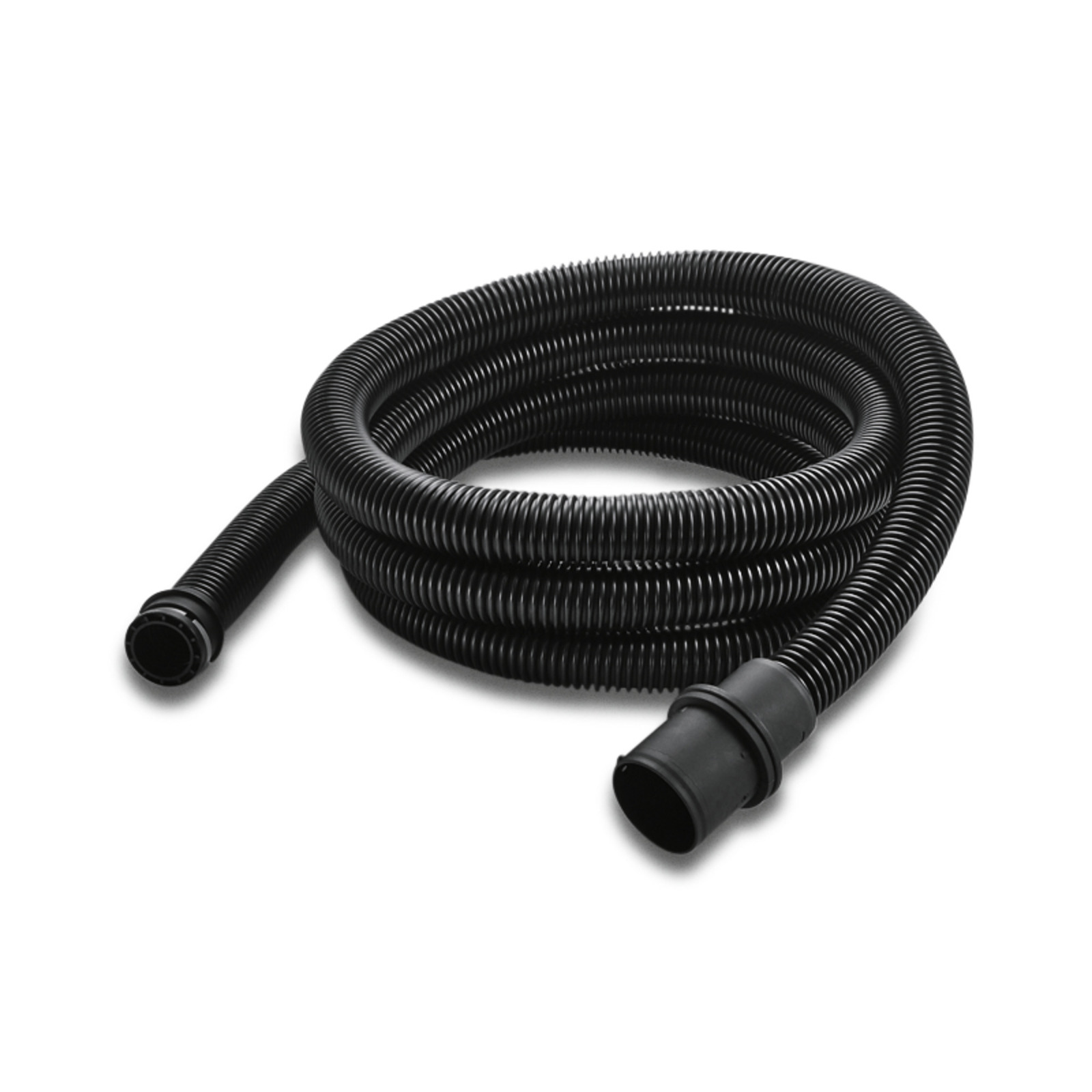 Coiled black Kärcher vacuum hose with ribbed texture, featuring connectors at both ends.