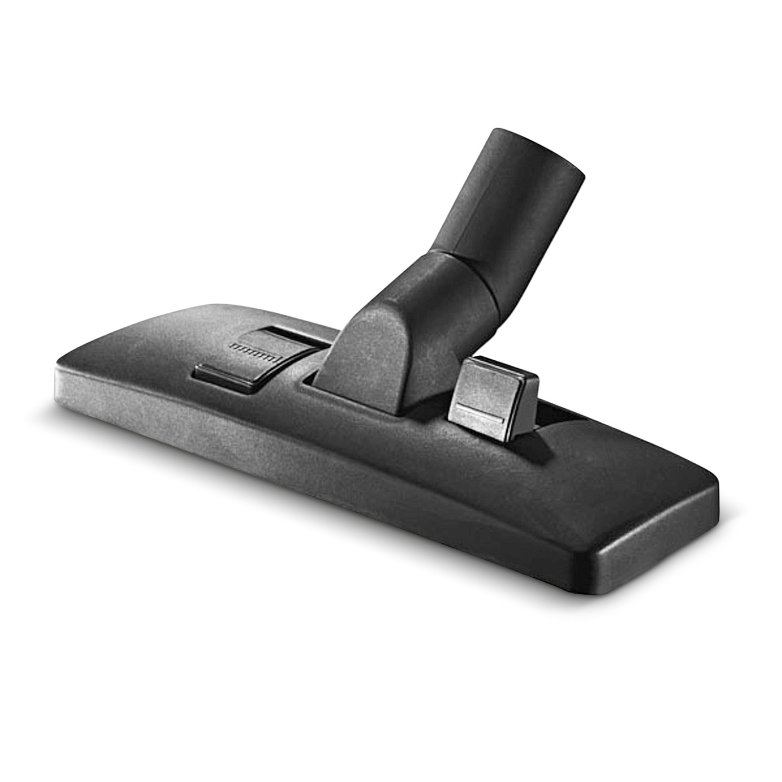 Black Kärcher vacuum cleaner floor nozzle with adjustable settings, angled view on white background. Black Kärcher vacuum cleaner floor nozzle with adjustable settings, angled view on white background.