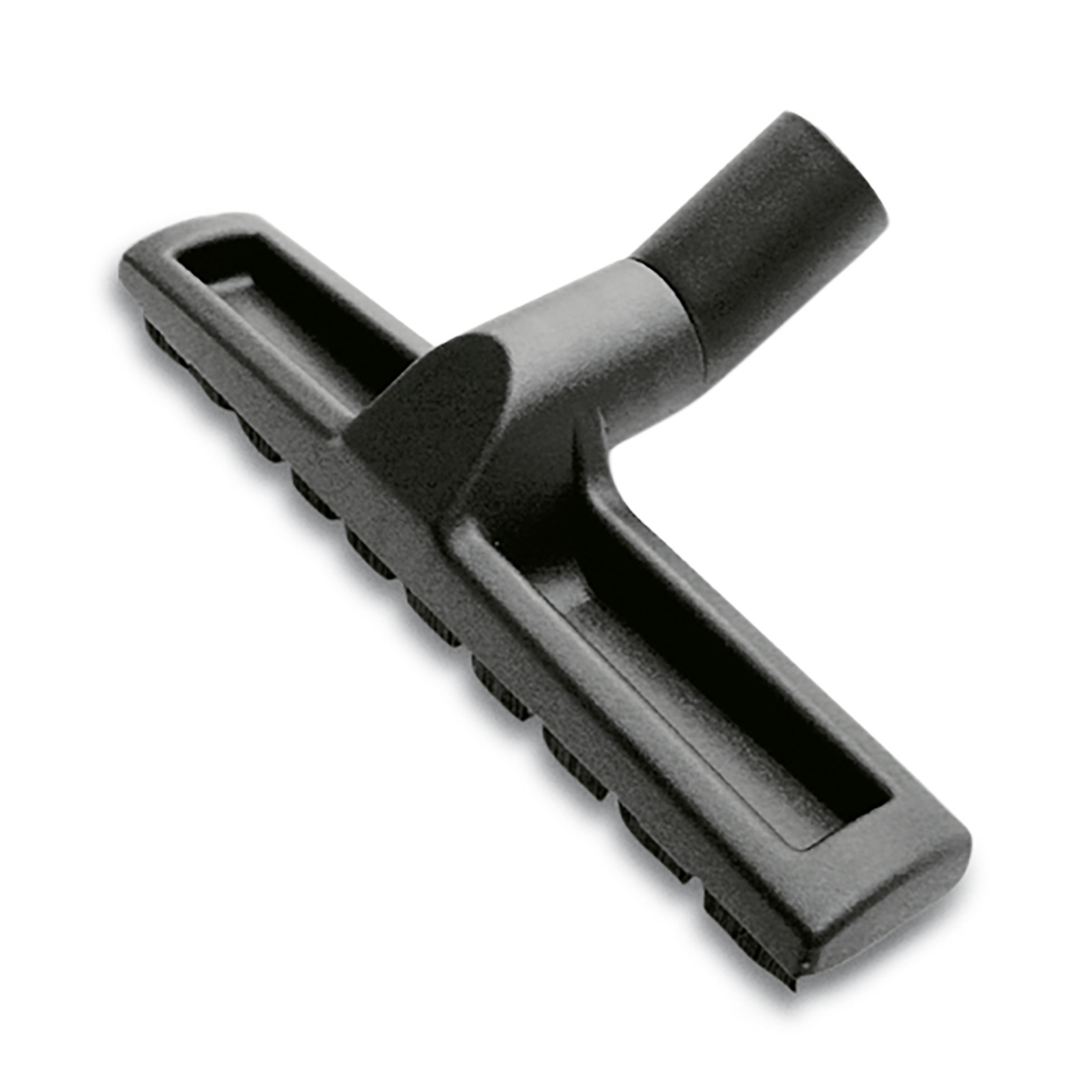 Black Kärcher vacuum cleaner floor nozzle with bristles, angled view against a white background. Black Kärcher vacuum cleaner floor nozzle with bristles, angled view against a white background.