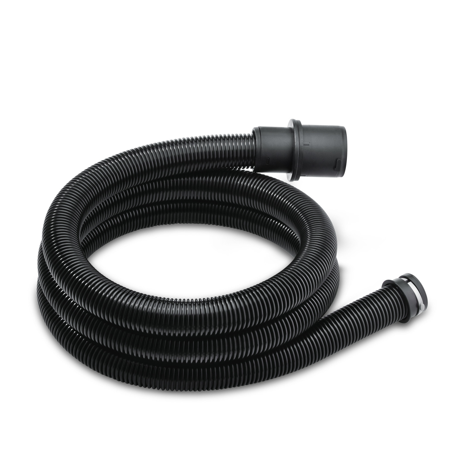 Black Kärcher vacuum cleaner hose coiled on a white background. Black Kärcher vacuum cleaner hose coiled on a white background.