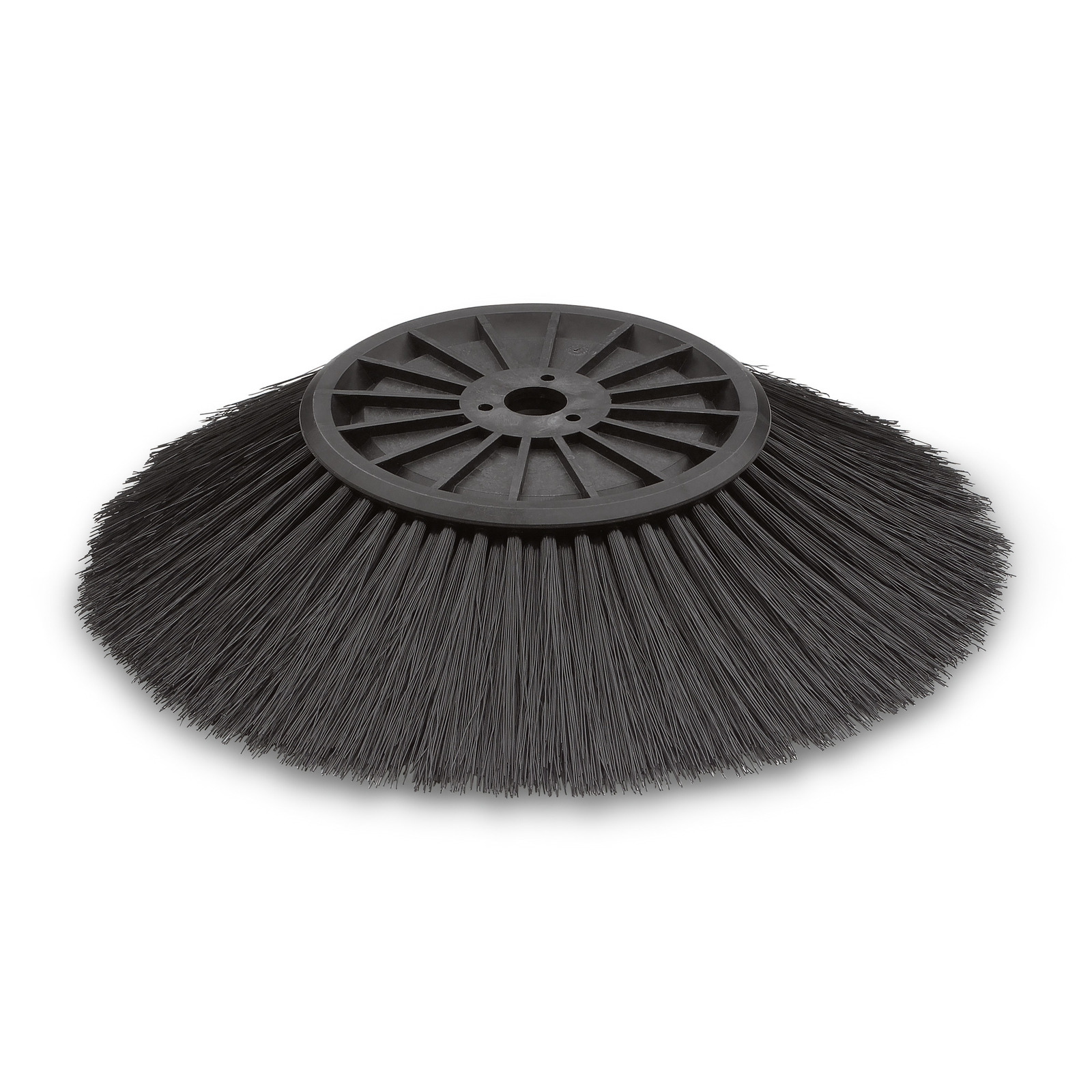 Black circular brush head with dense bristles and a central mounting hole, isolated on a white background.