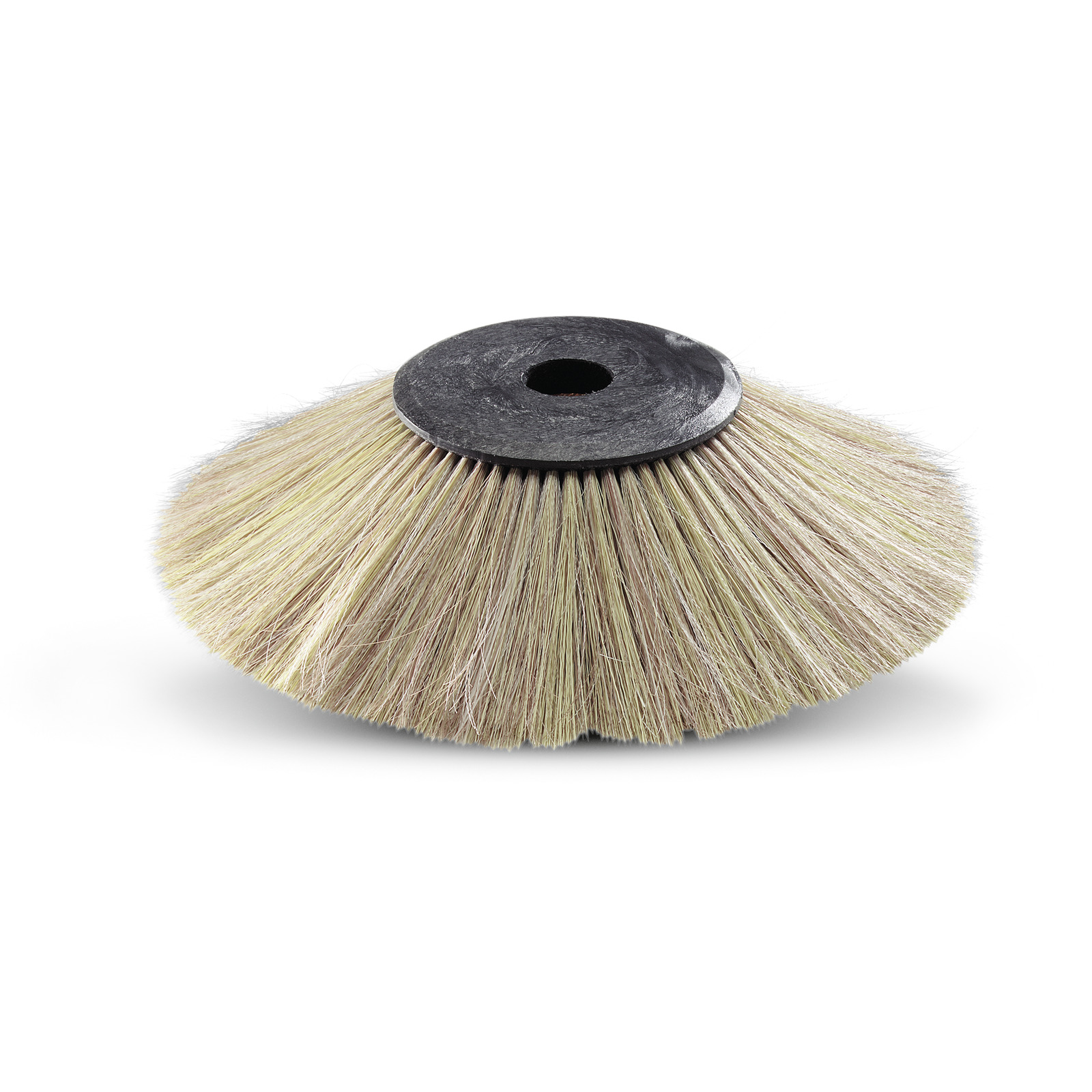 Circular brush attachment with dense bristles and a central black plastic hub, isolated on a white background. Circular brush attachment with dense bristles and a central black plastic hub, isolated on a white background.