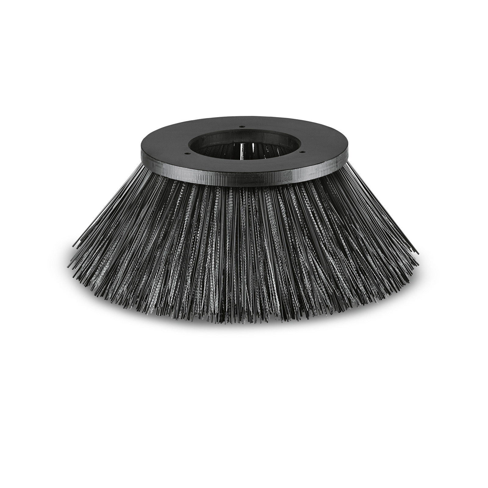 Black circular brush with dense bristles, designed for sweeping applications, shown against a white background.