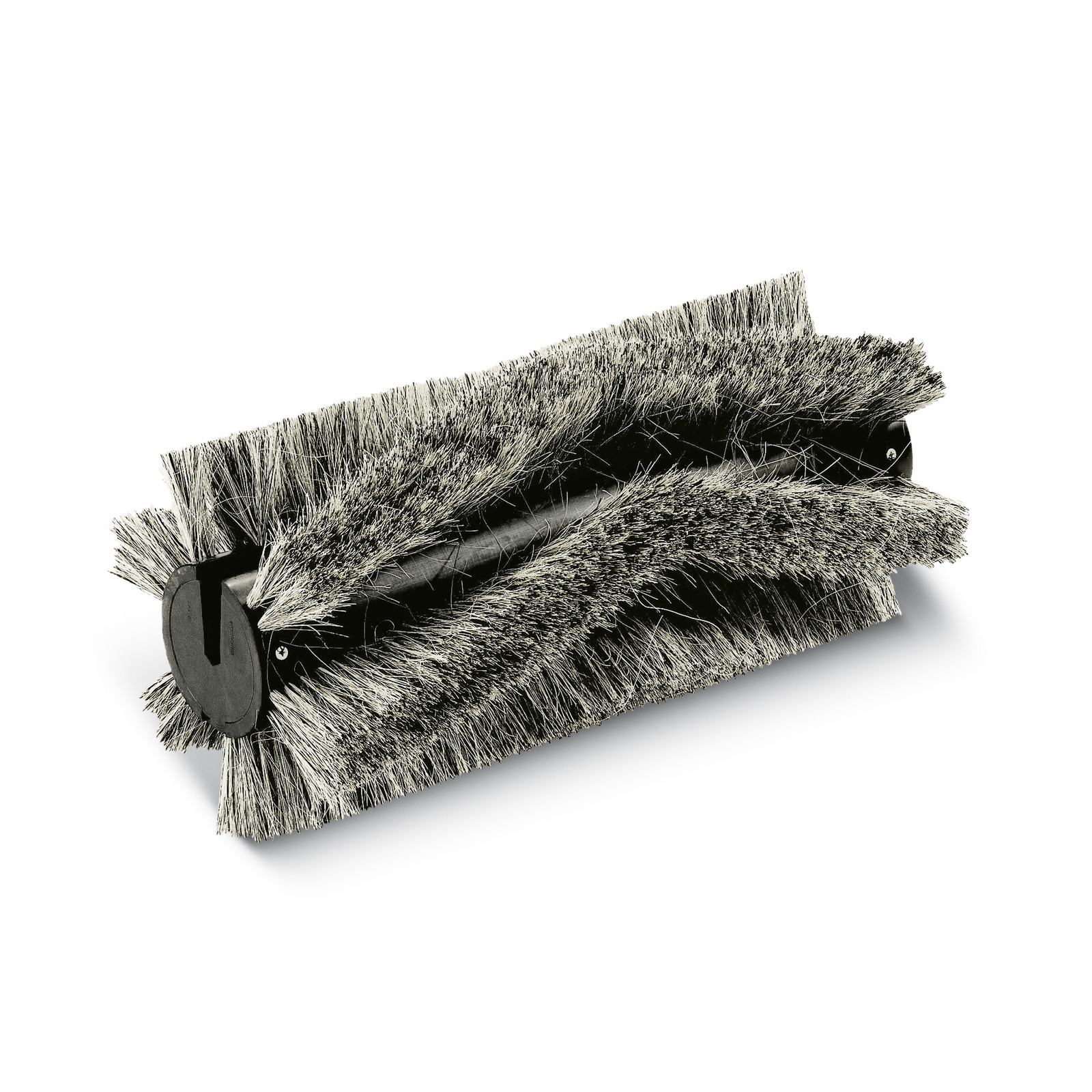 Rotating cylindrical brush with dense bristles on a black core, designed for cleaning applications.