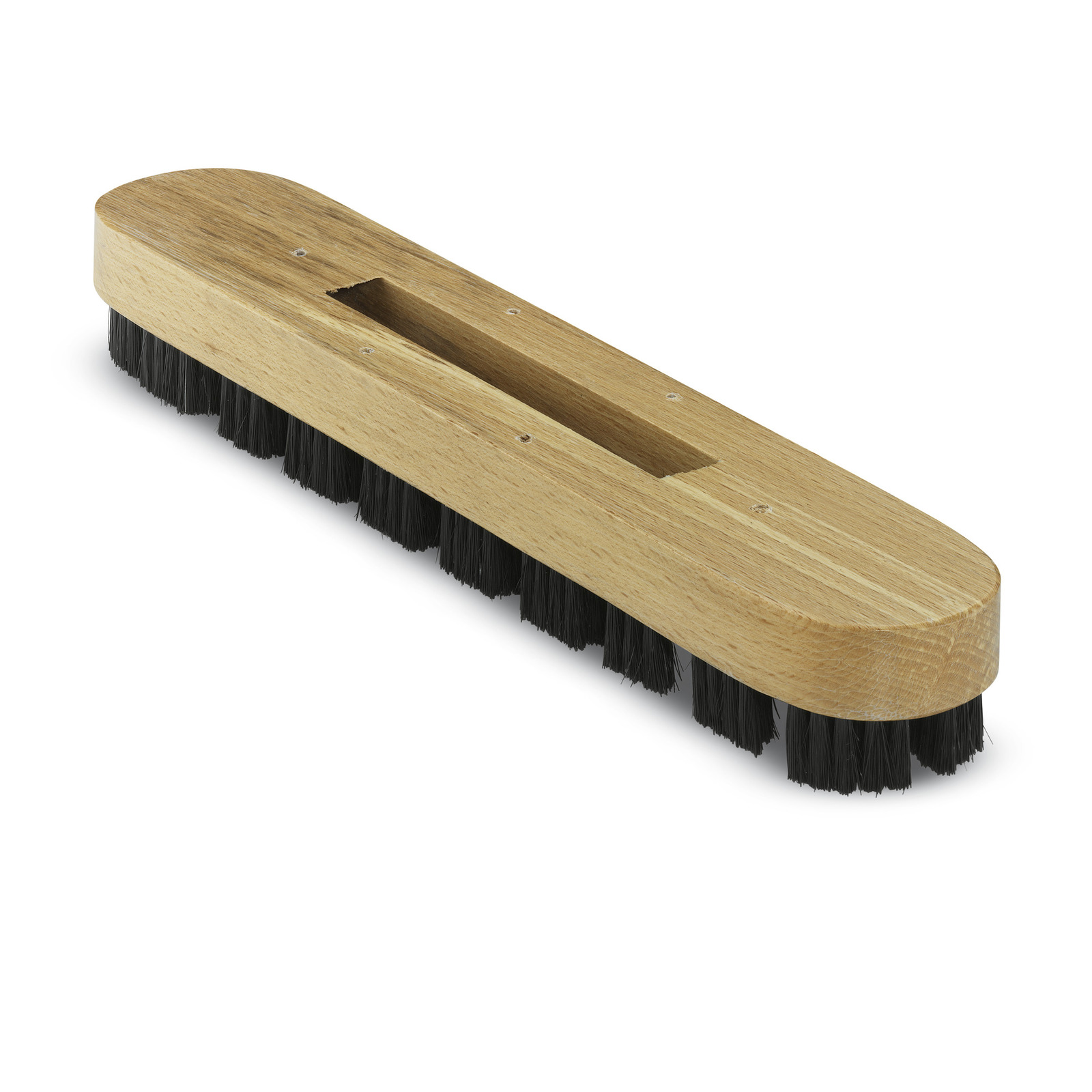 Wooden brush head with black bristles and a rectangular slot for attachment.