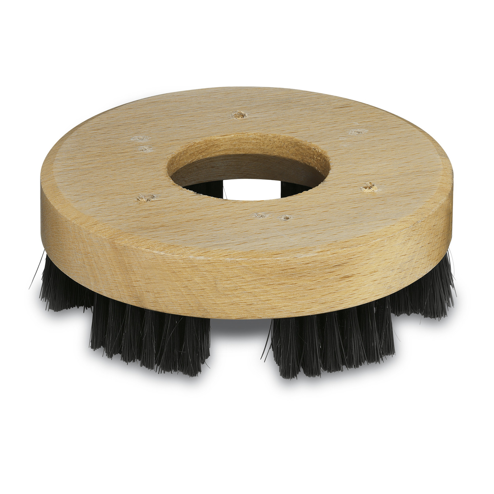 Circular wooden brush head with black bristles, featuring a central hole and several drilled holes on the surface.