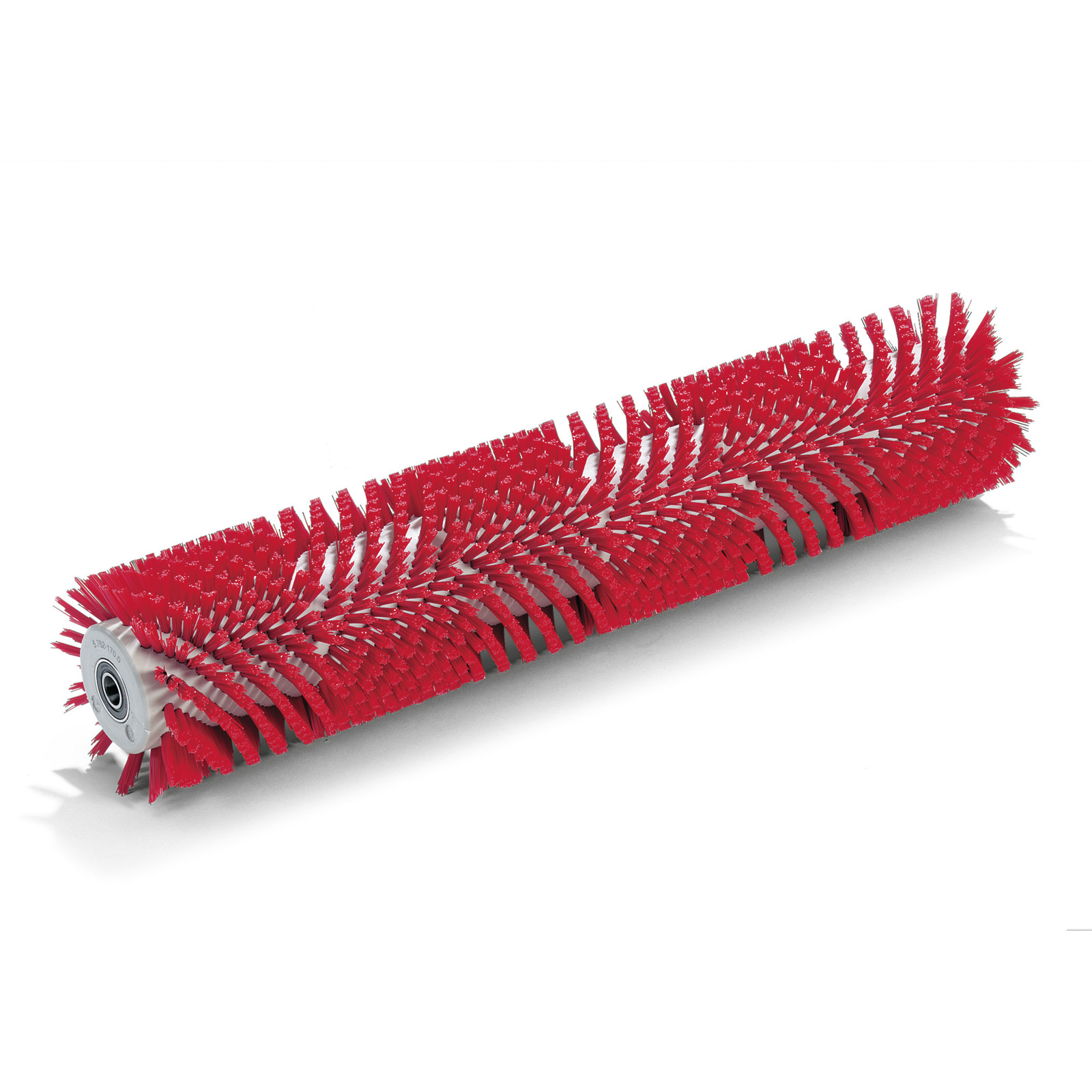 Red cylindrical brush with dense bristles and a grey central hub, designed for cleaning applications. Red cylindrical brush with dense bristles and a grey central hub, designed for cleaning applications.