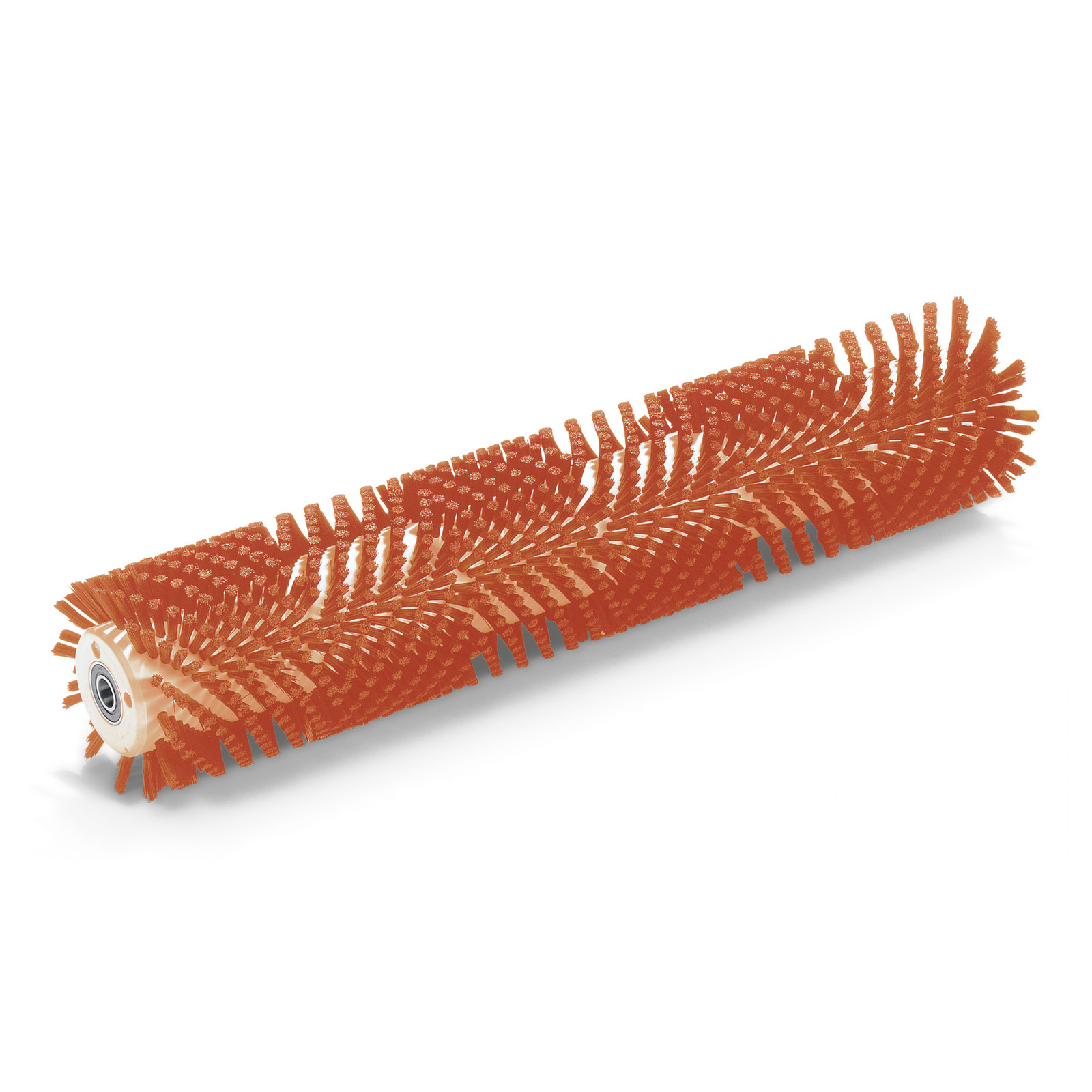 Orange cylindrical brush roller with dense bristles, featuring a white end cap and visible central axle. Orange cylindrical brush roller with dense bristles, featuring a white end cap and visible central axle.