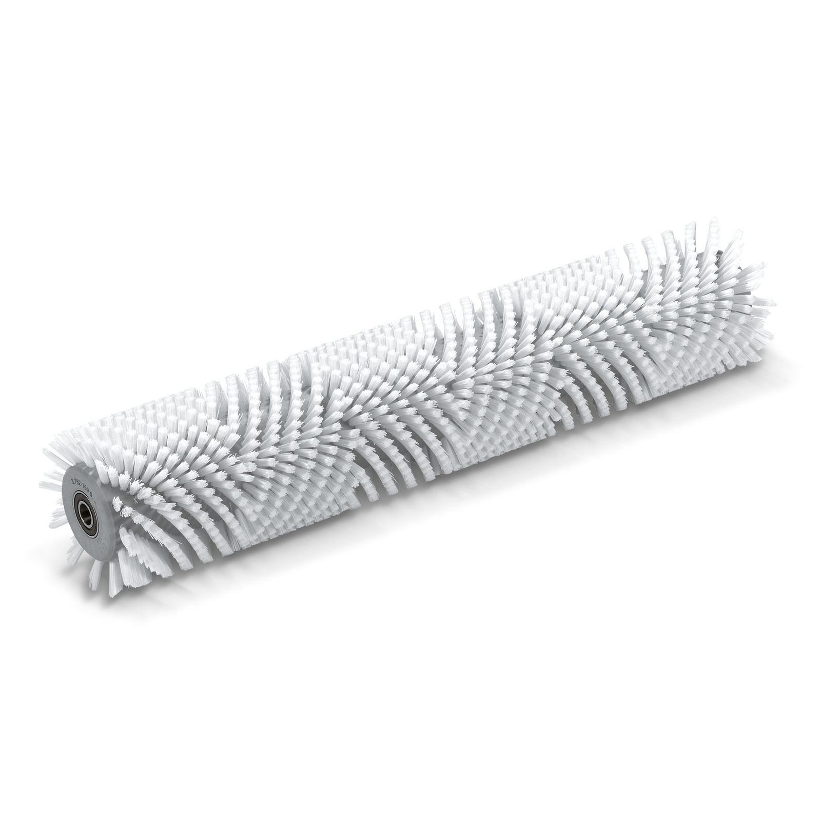 White cylindrical brush roller with dense bristles arranged in a spiral pattern, viewed against a plain background.