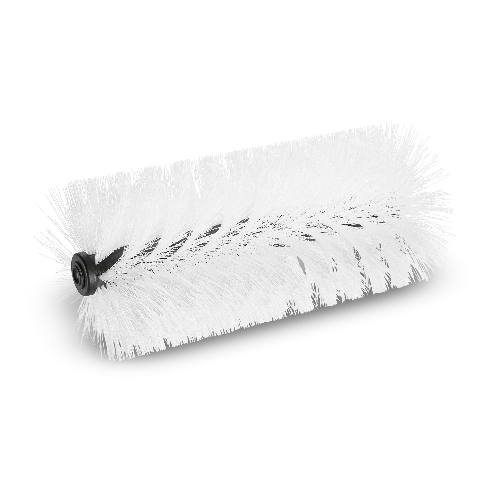 White cylindrical brush with dense bristles and a black central hub, positioned on a plain white background. White cylindrical brush with dense bristles and a black central hub, positioned on a plain white background.