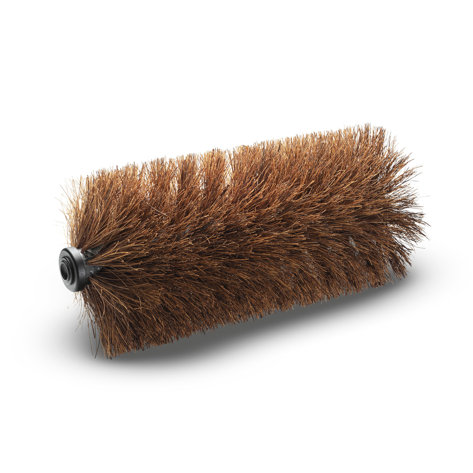 Brown cylindrical brush with dense bristles and a black plastic core, set against a white background.