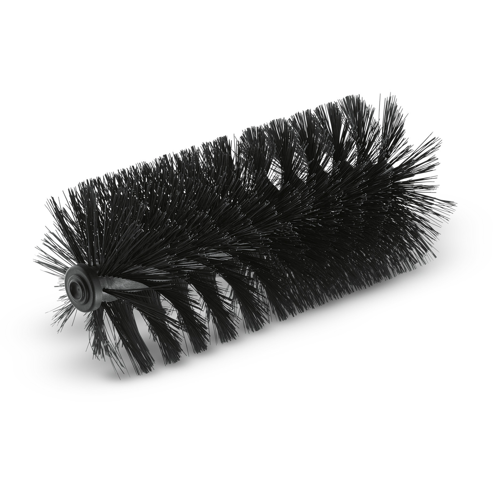 Black cylindrical brush attachment with dense bristles, suitable for cleaning equipment.