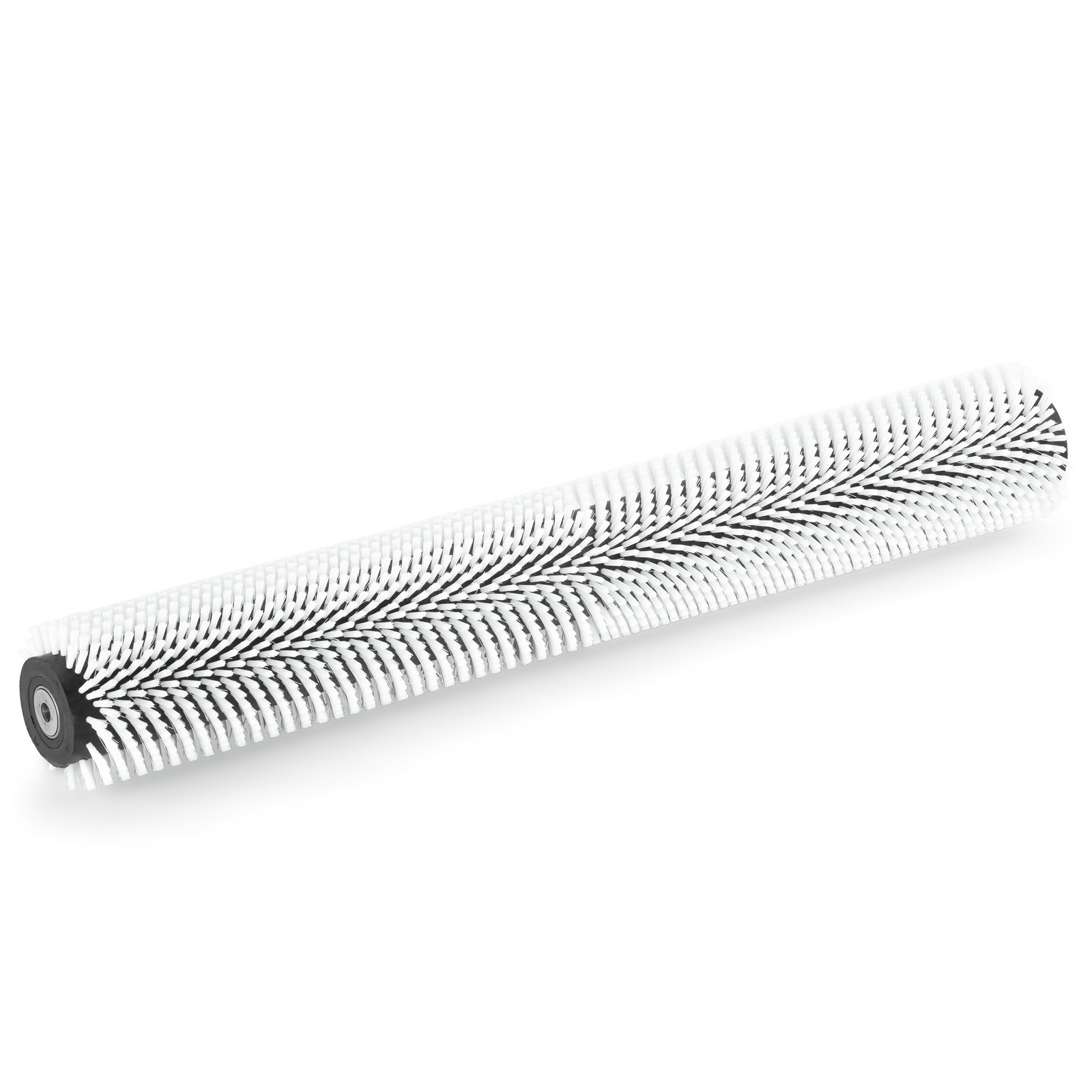 White cylindrical brush roller with black bristles, featuring a chevron pattern, isolated on a white background. White cylindrical brush roller with black bristles, featuring a chevron pattern, isolated on a white background.