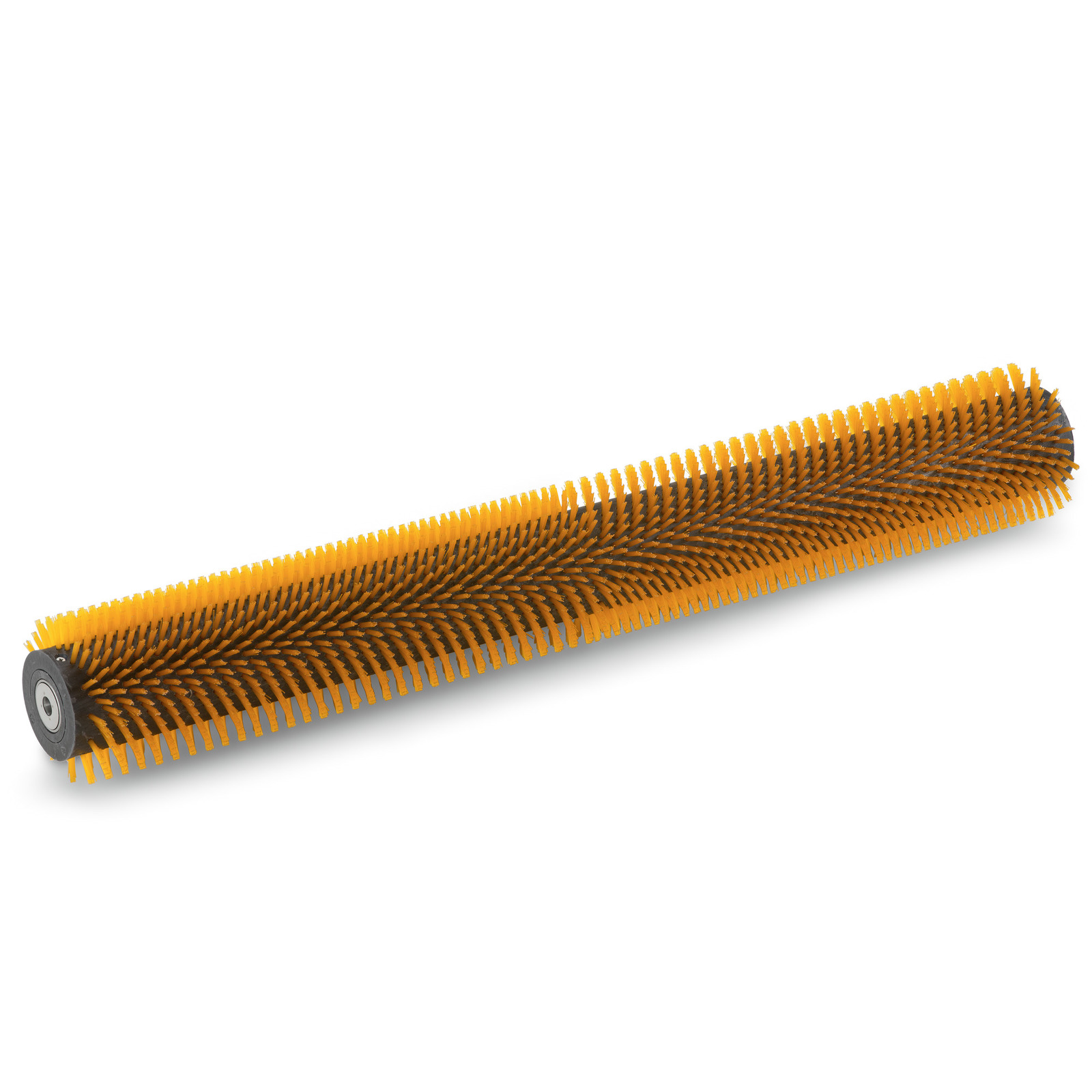 Yellow cylindrical brush roller with dense bristles, featuring a black circular end cap, isolated on a white background. Yellow cylindrical brush roller with dense bristles, featuring a black circular end cap, isolated on a white background.