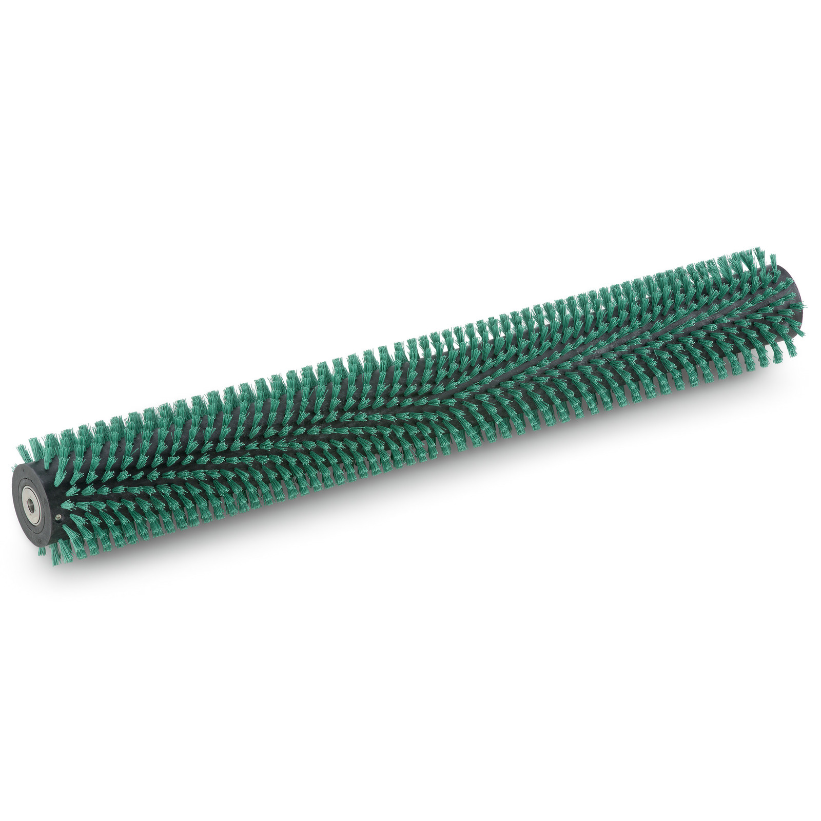Long cylindrical brush with green bristles and black core, featuring a metal end cap.