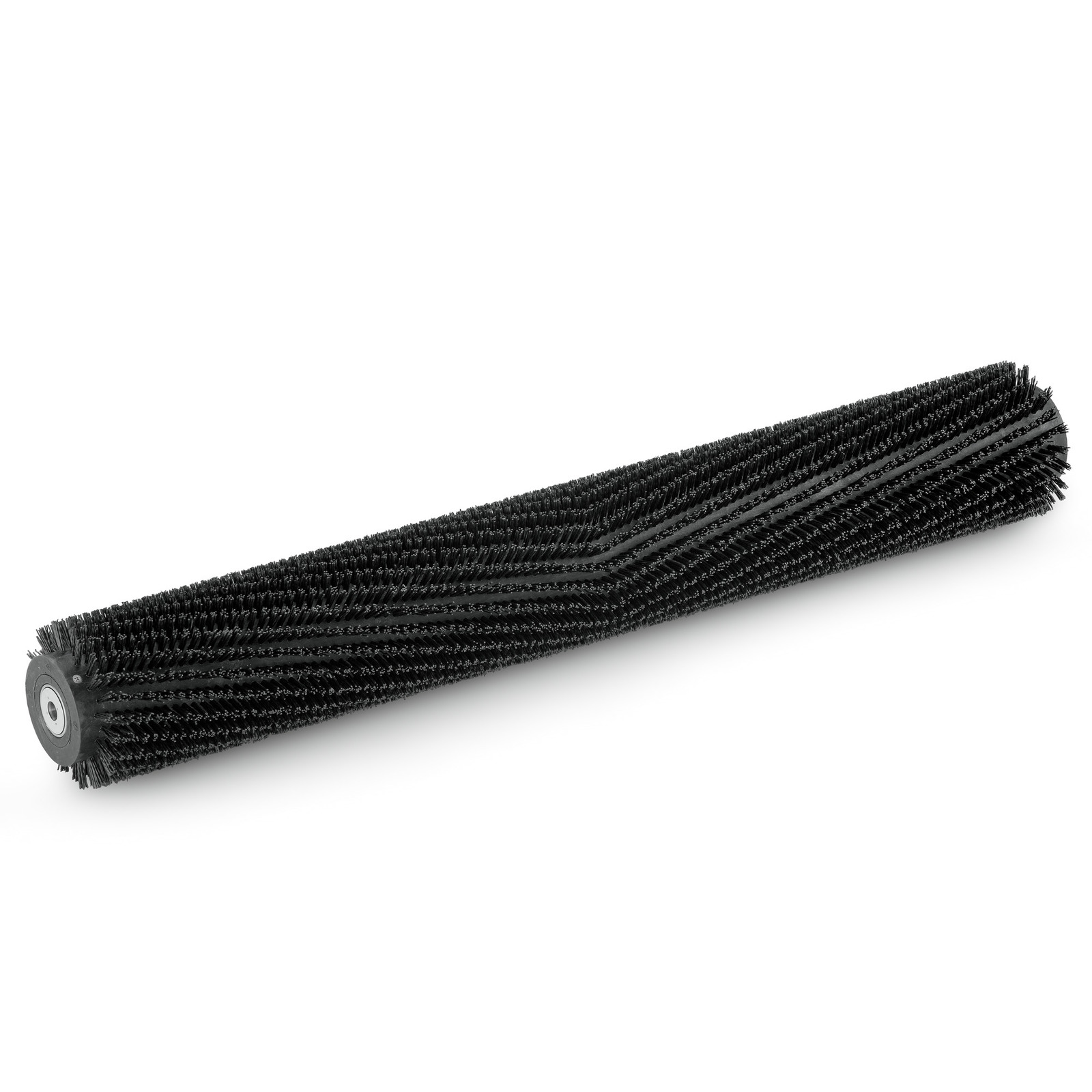 Black cylindrical brush roller with dense bristles, angled design, and metal end cap, set against a white background. Black cylindrical brush roller with dense bristles, angled design, and metal end cap, set against a white background.