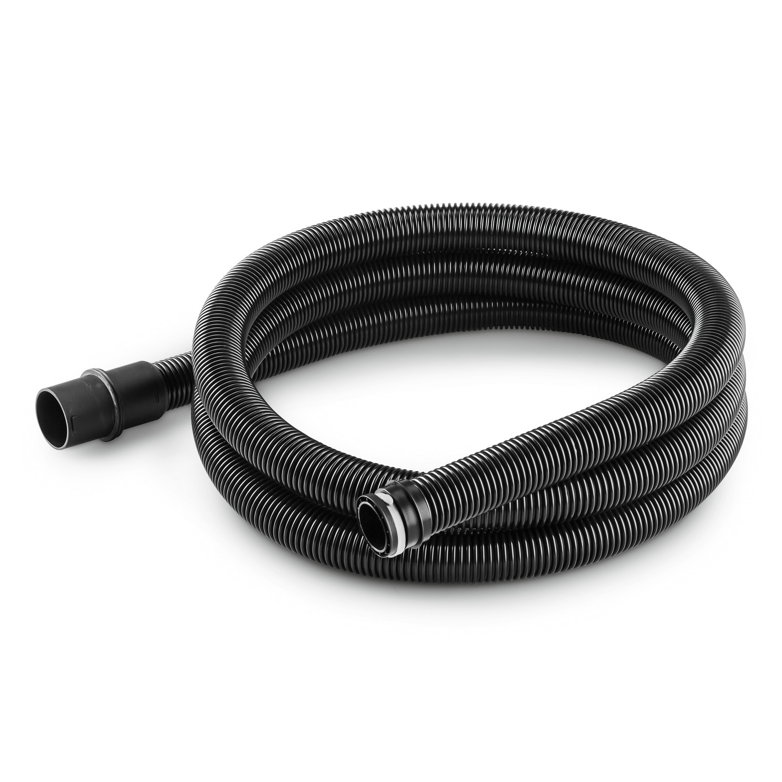 Coiled black Kärcher vacuum hose with ribbed texture and connector ends. Coiled black Kärcher vacuum hose with ribbed texture and connector ends.