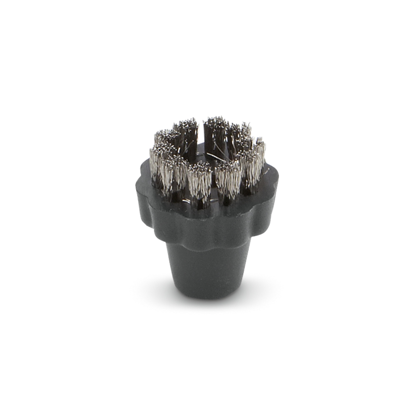 Kärcher round brush with metal bristles, black base, isolated on a white background. Kärcher round brush with metal bristles, black base, isolated on a white background.